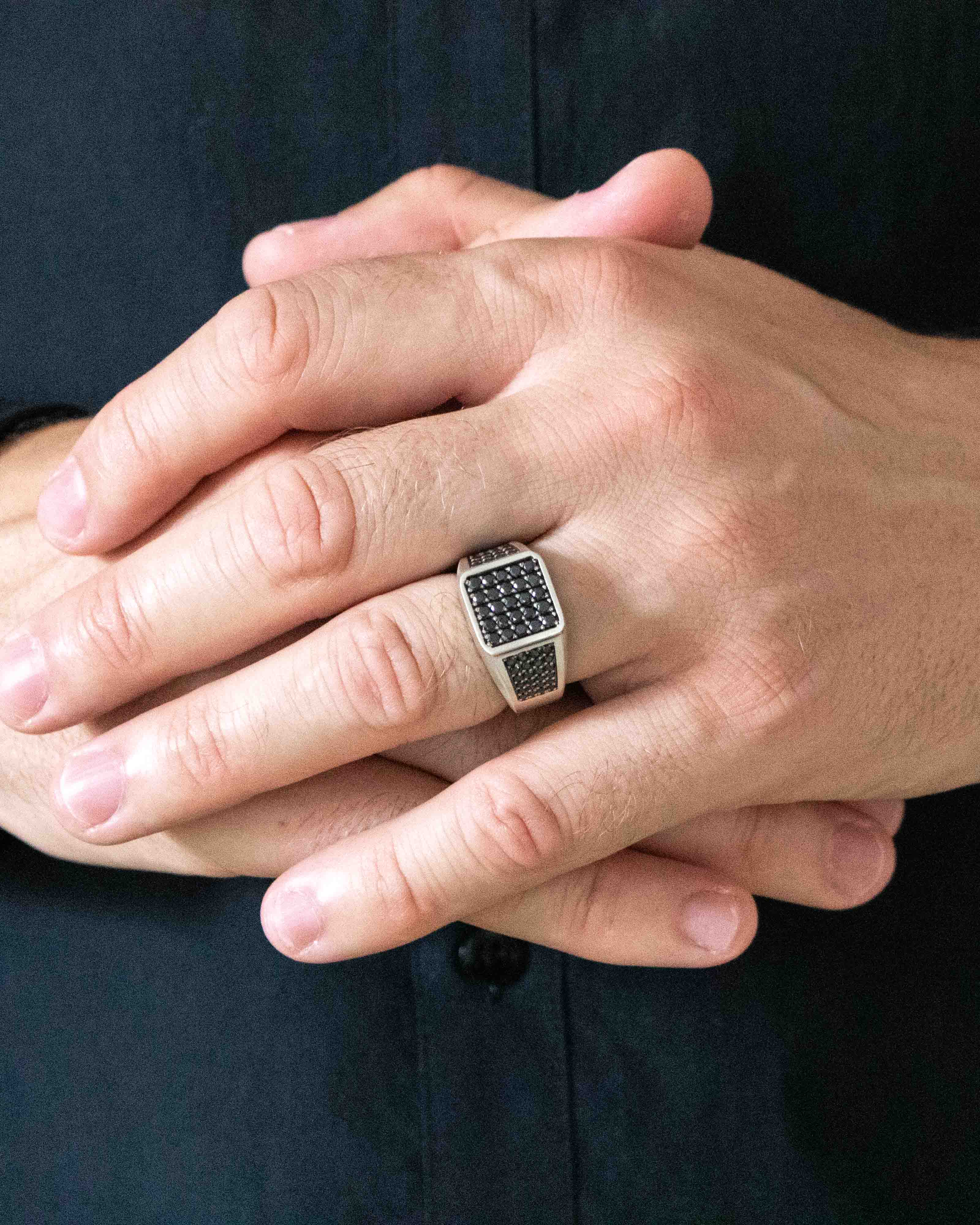 Black Signet Ring Multi Gemstone Soft Square Shape