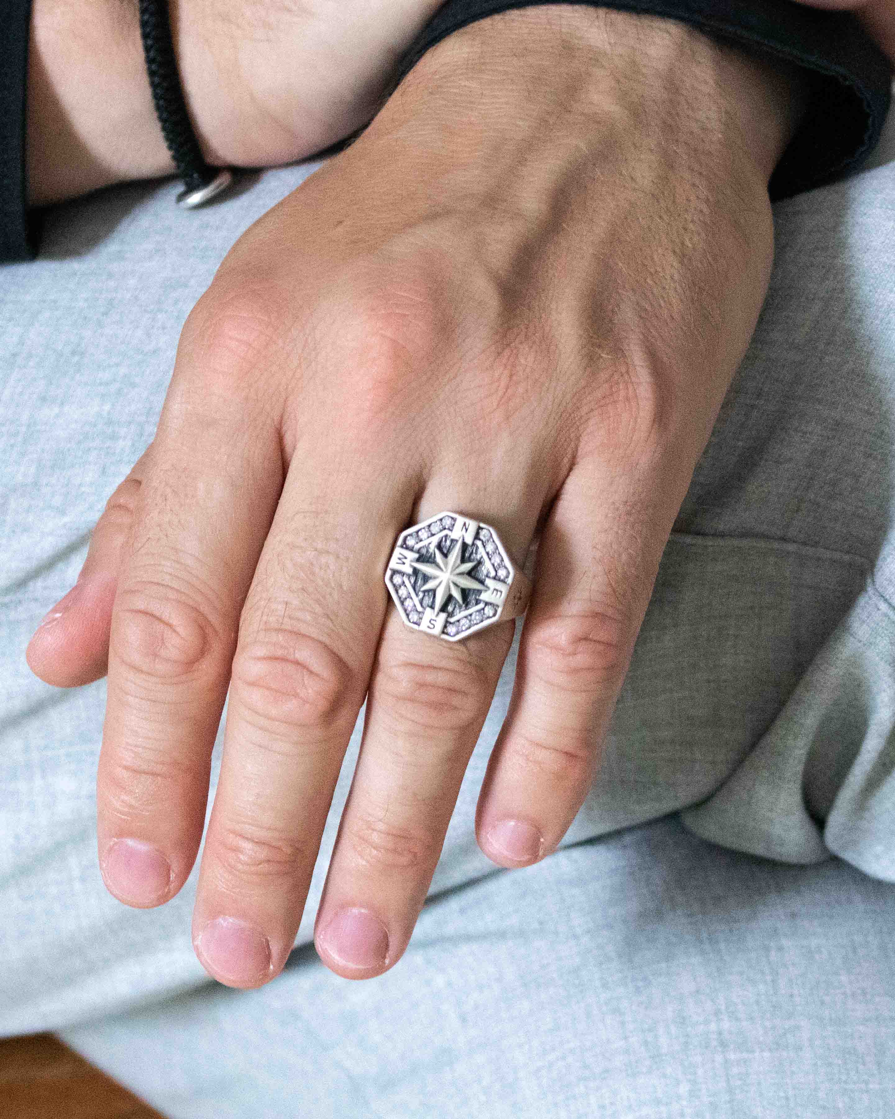 North Star Signet Ring Silver Large Octagon Shaped