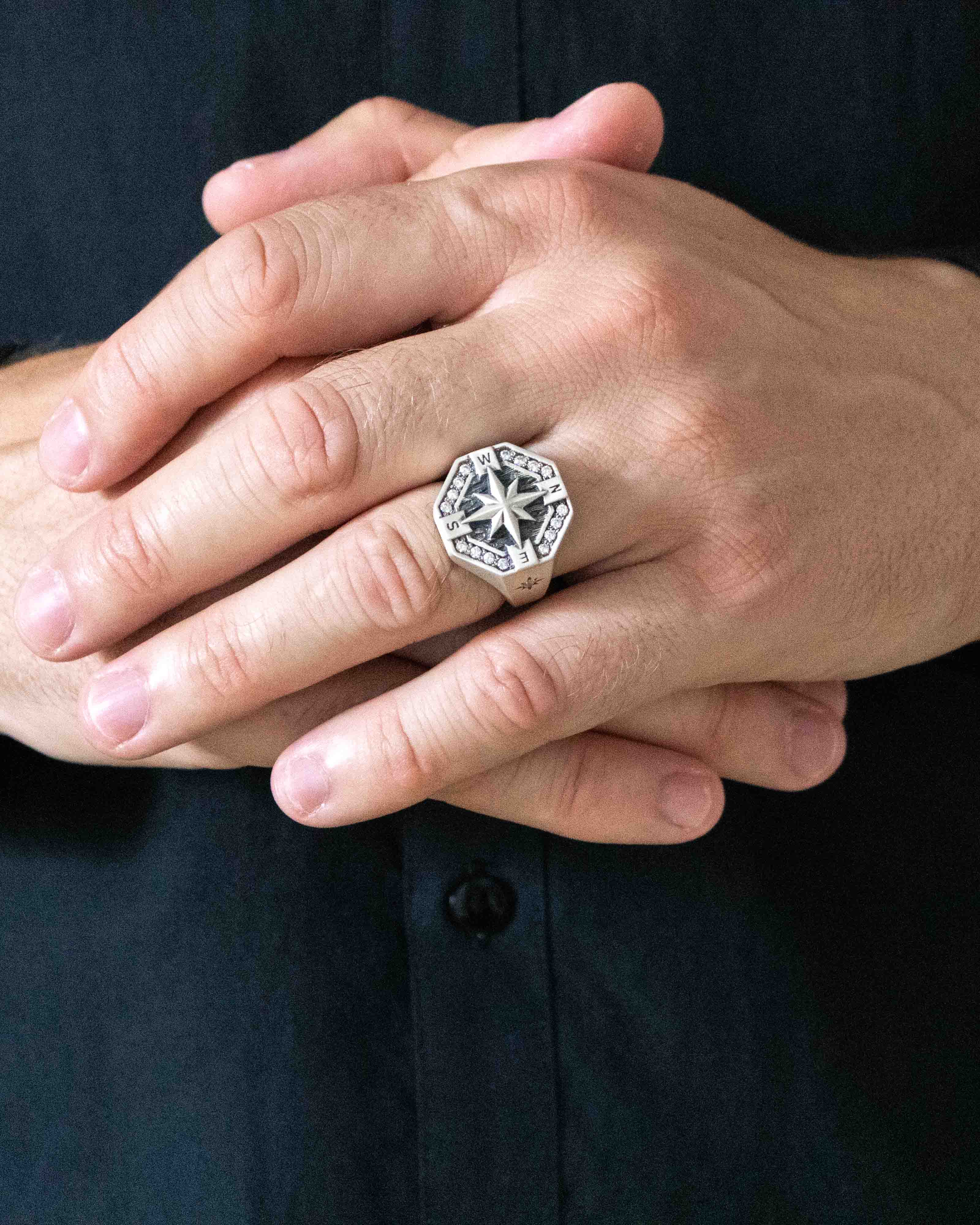 North Star Signet Ring Silver Large Octagon Shaped
