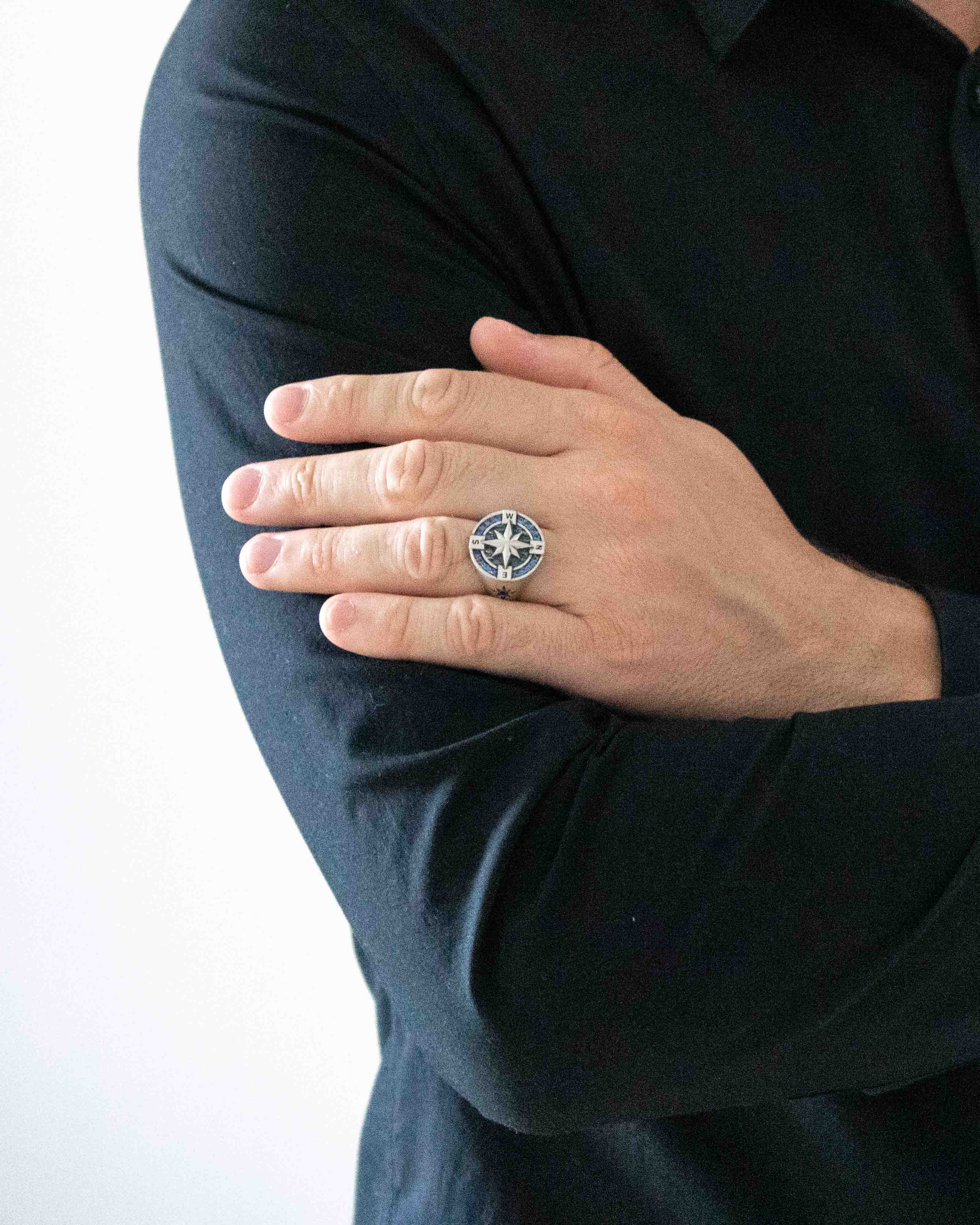 Round Silver Compass Signet Ring with Blue Sapphire CZ