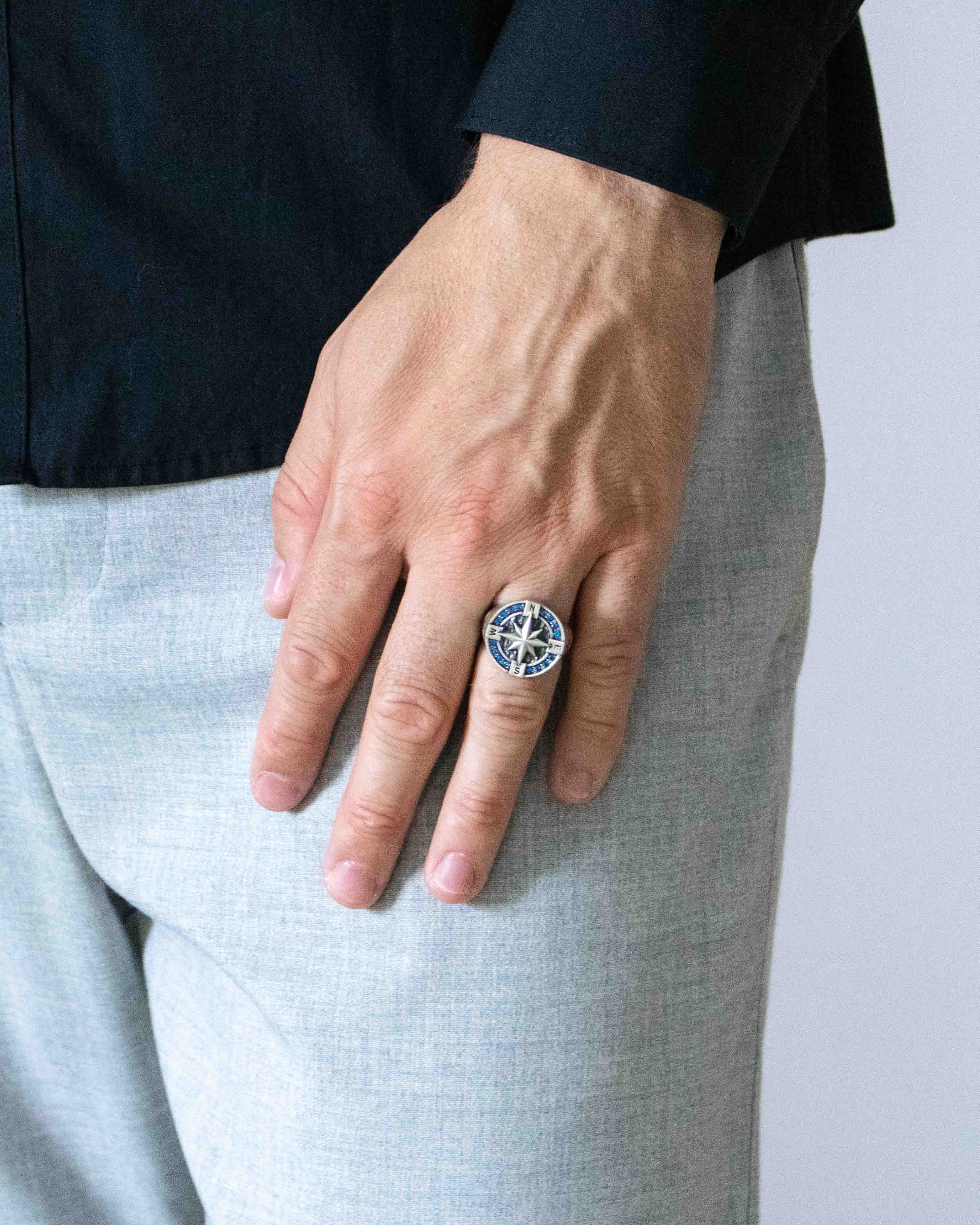 Round Silver Compass Signet Ring with Blue Sapphire CZ