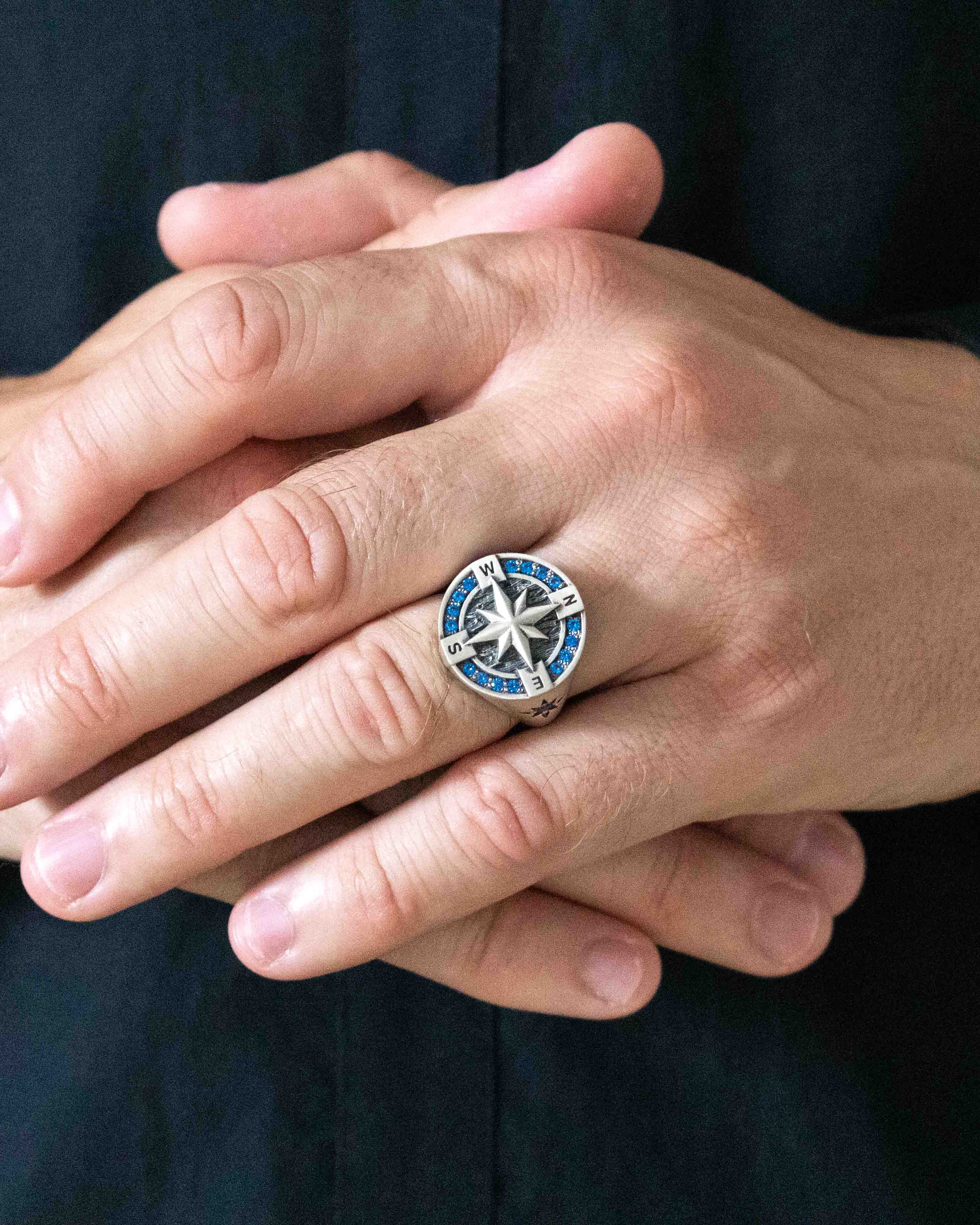 Round Silver Compass Signet Ring with Blue Sapphire CZ