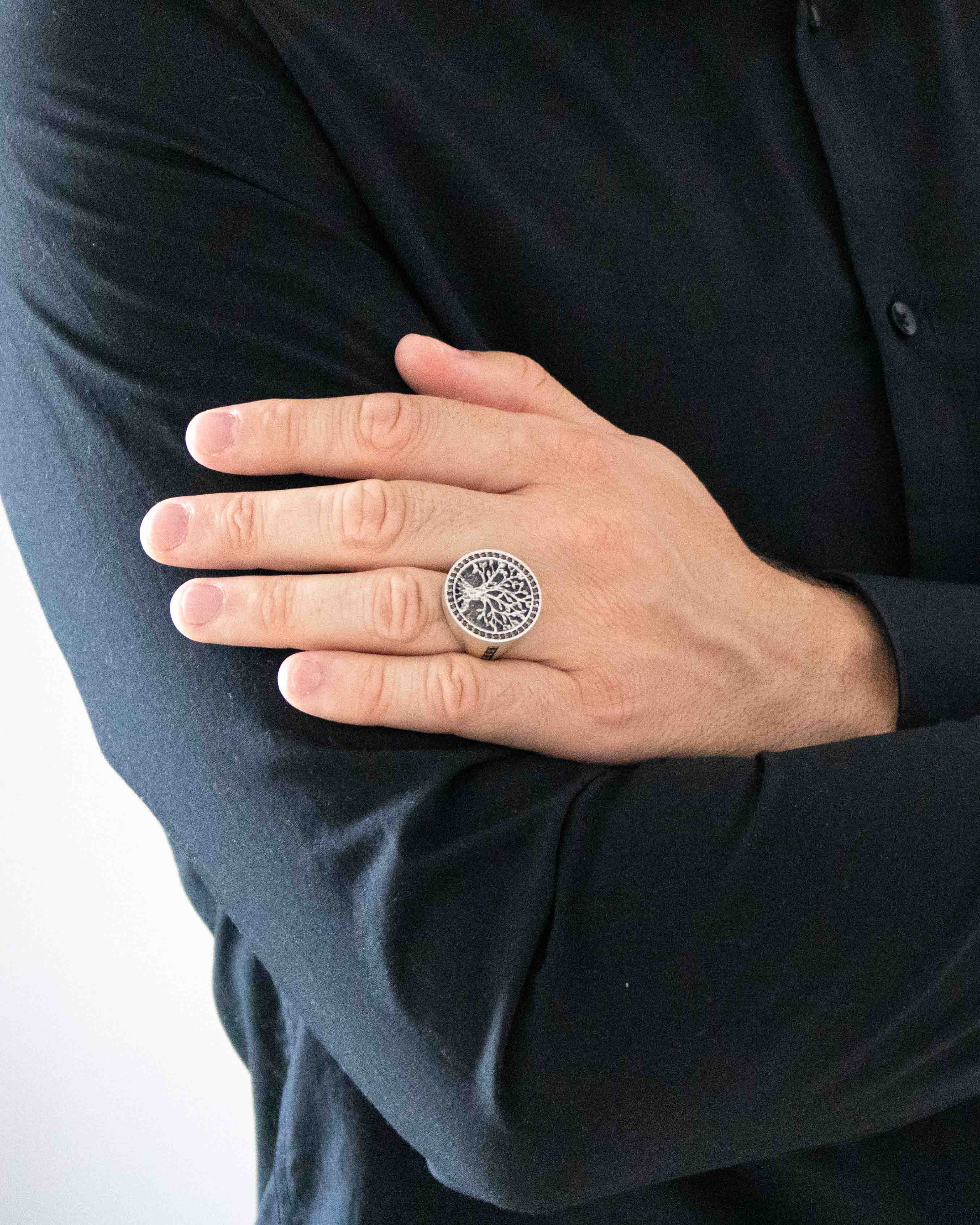 Norse Tree of Life Signet Ring Black Stones Round Shape