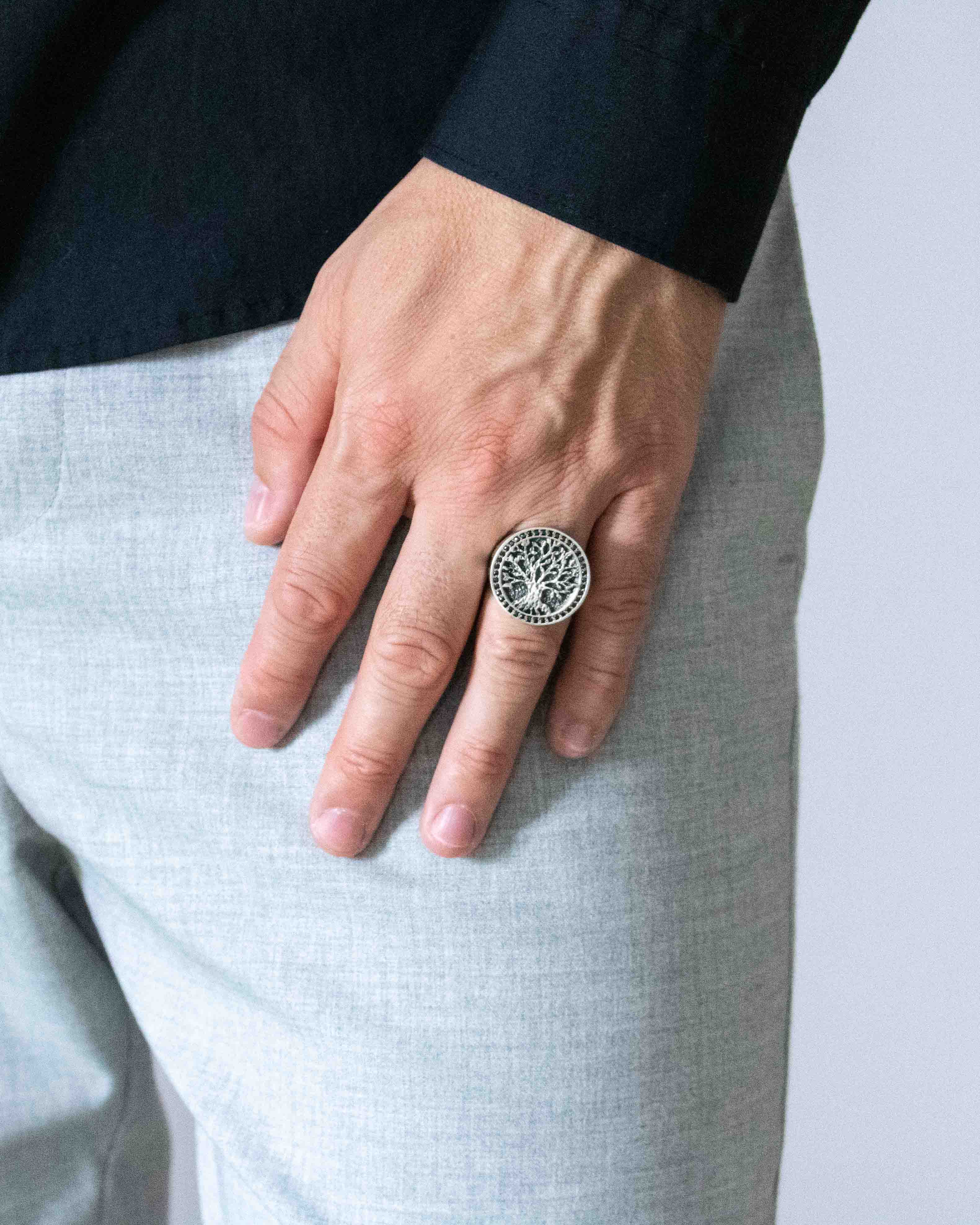 Norse Tree of Life Signet Ring Black Stones Round Shape
