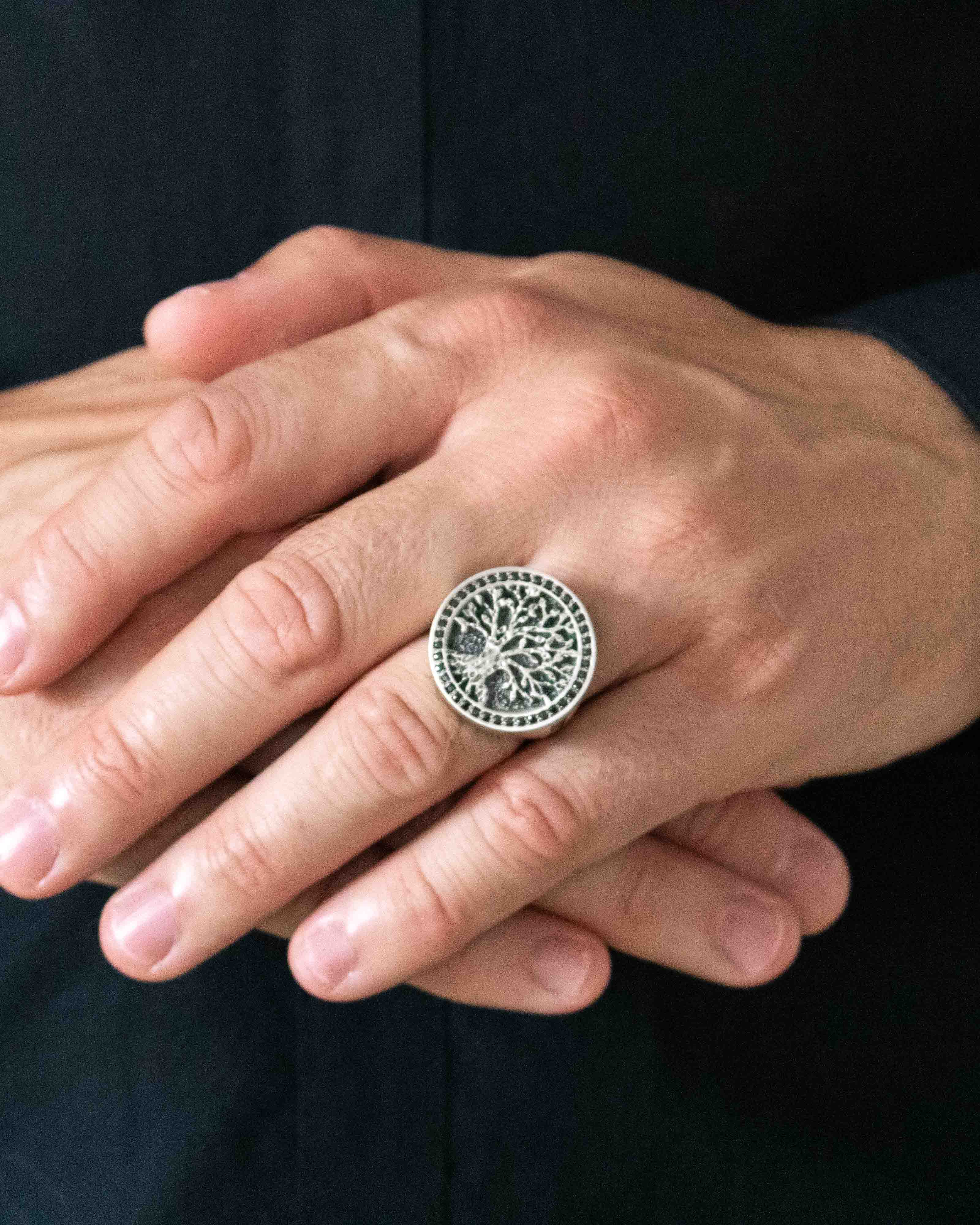 Norse Tree of Life Signet Ring Black Stones Round Shape