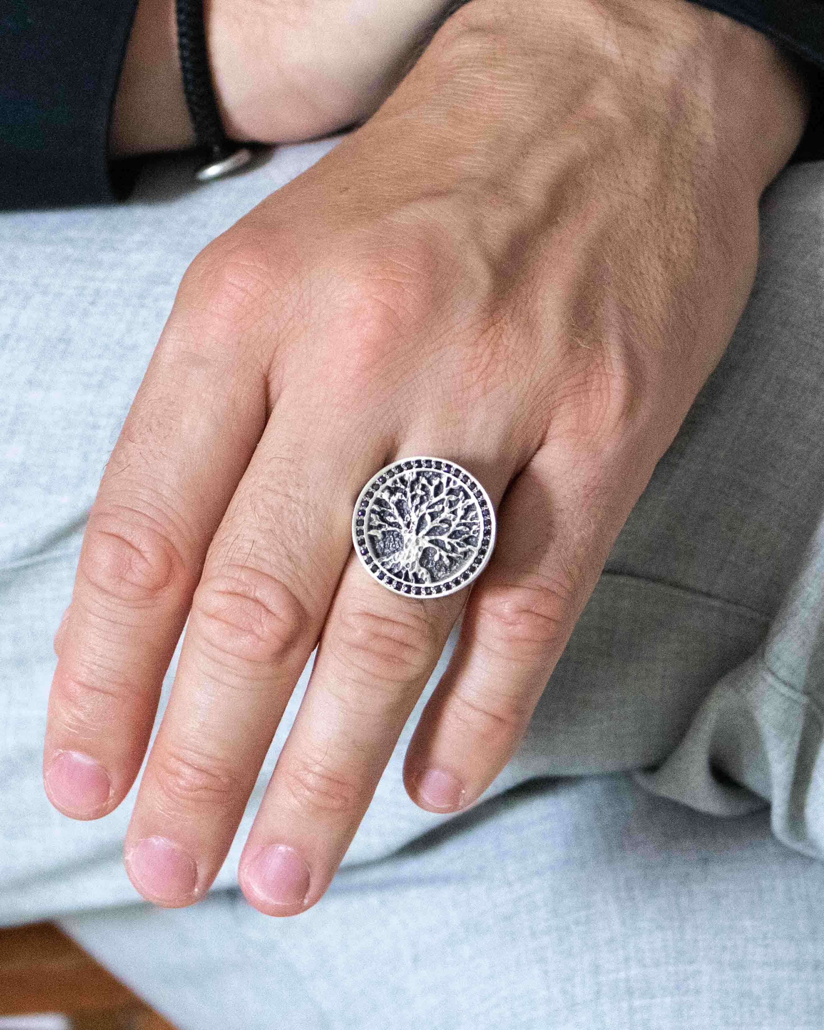 Norse Tree of Life Signet Ring Black Stones Round Shape