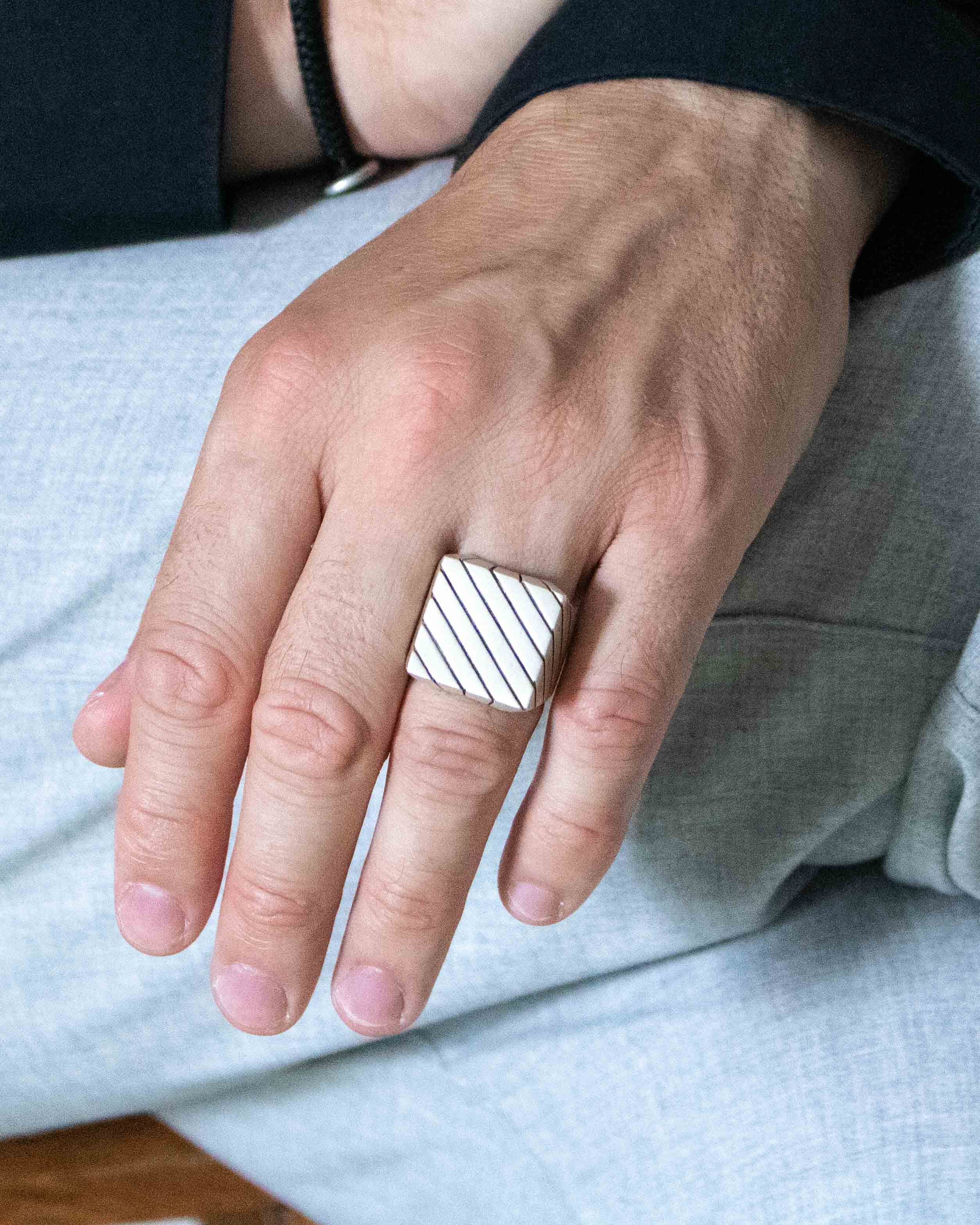 Engraved Square Signet Ring Stripes Minimalist Design