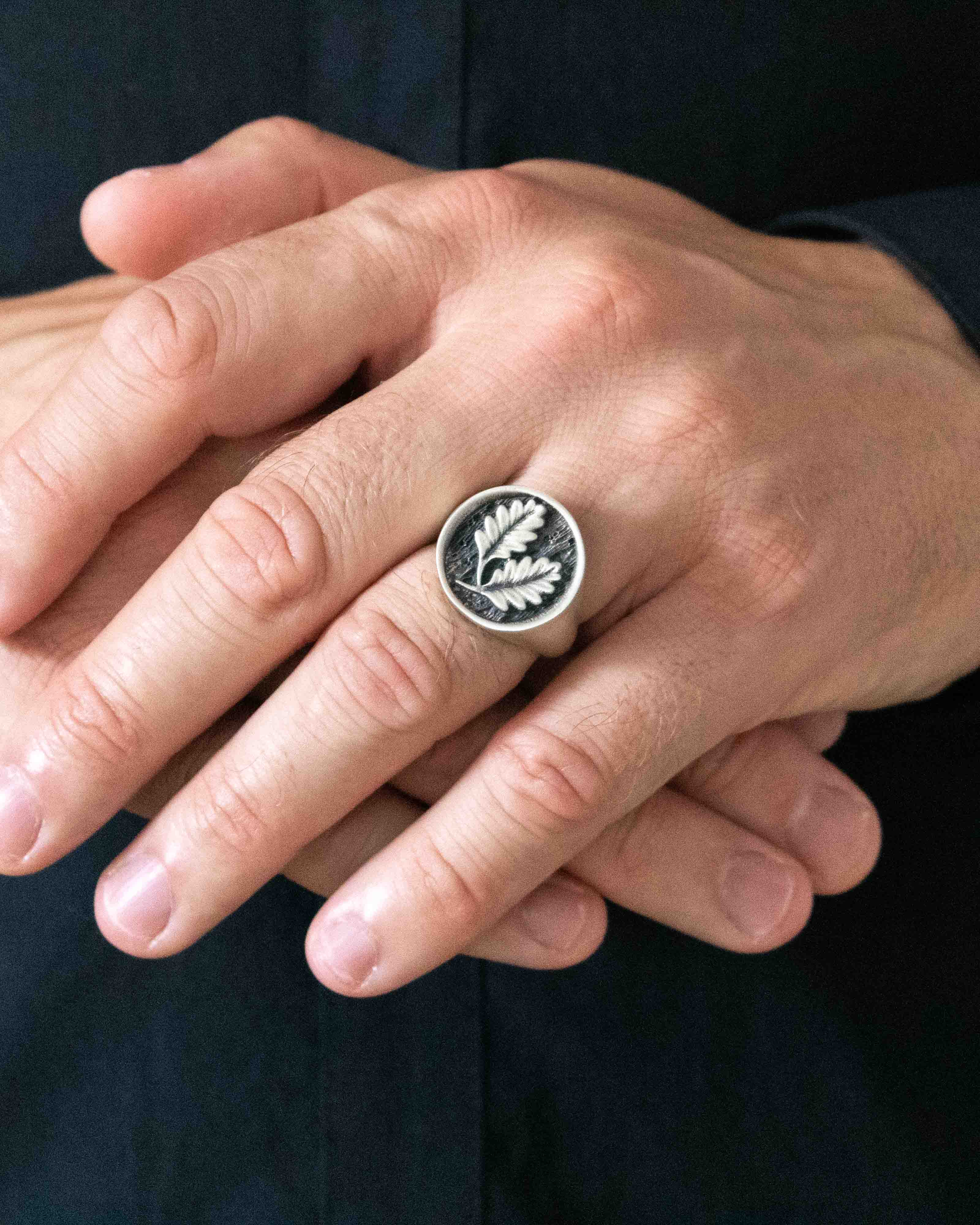 Round Silver Signet Ring with Engraved Oak Leaves