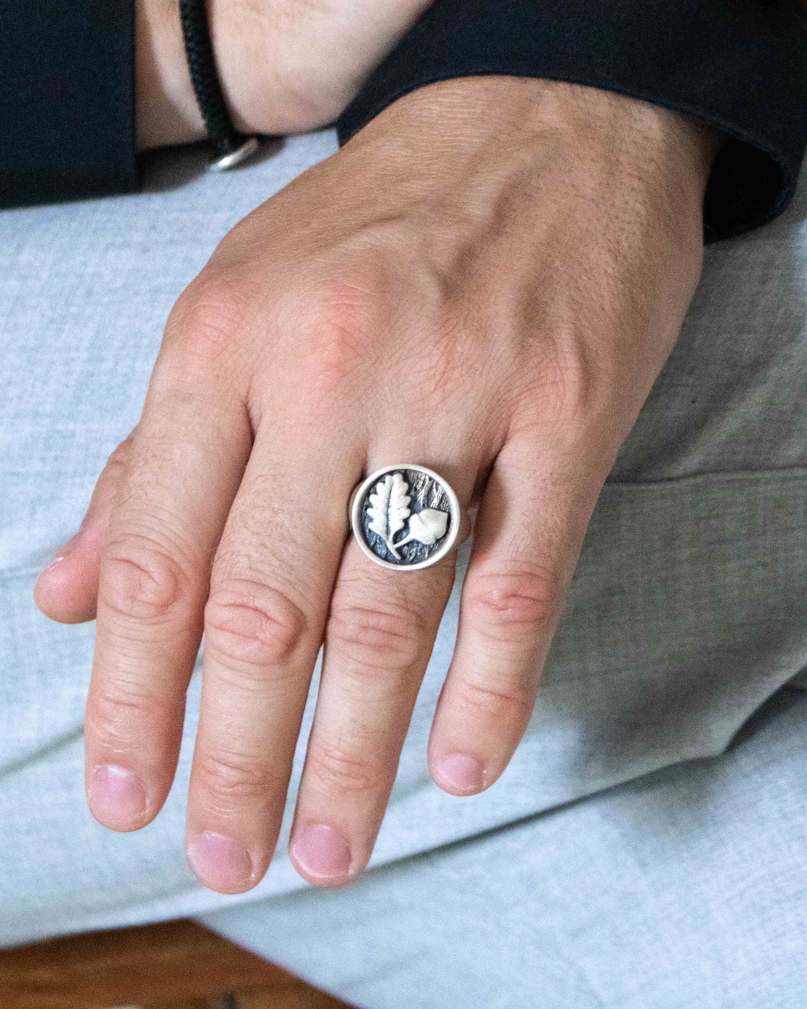 Acorn and Oak Leaf Silver Signet Ring Nature-Inspired