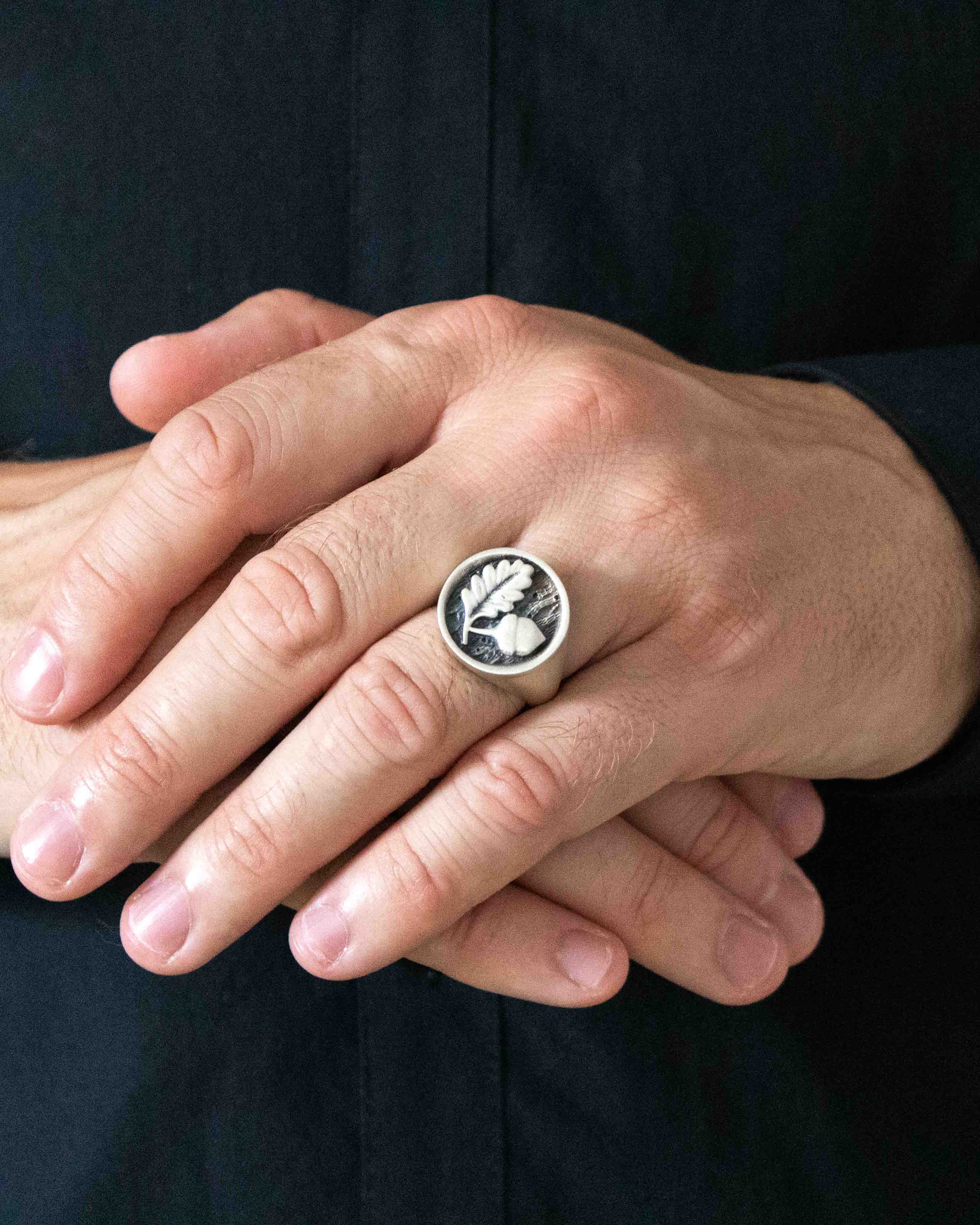 Acorn and Oak Leaf Silver Signet Ring Nature-Inspired