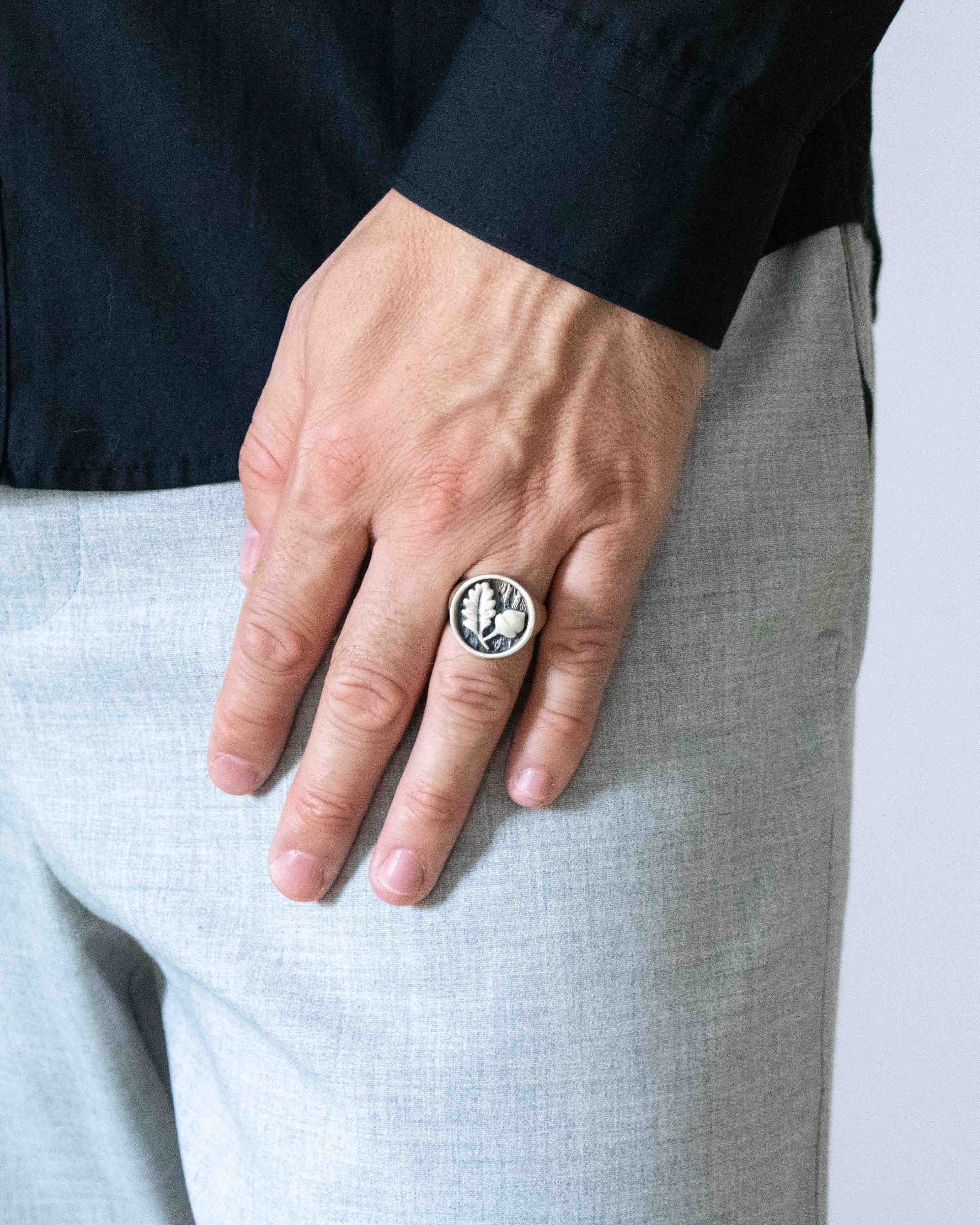 Acorn and Oak Leaf Silver Signet Ring Nature-Inspired