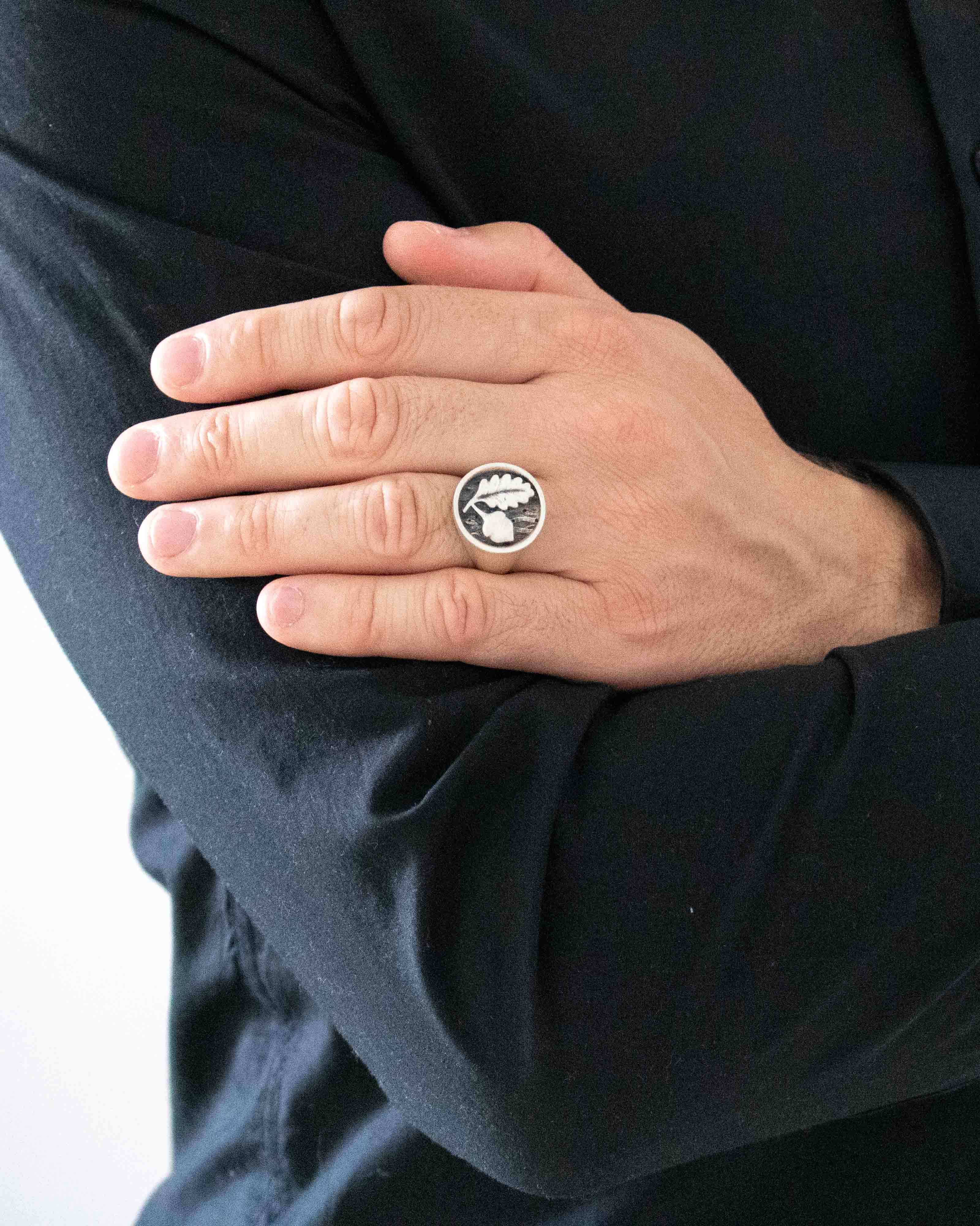 Acorn and Oak Leaf Silver Signet Ring Nature-Inspired