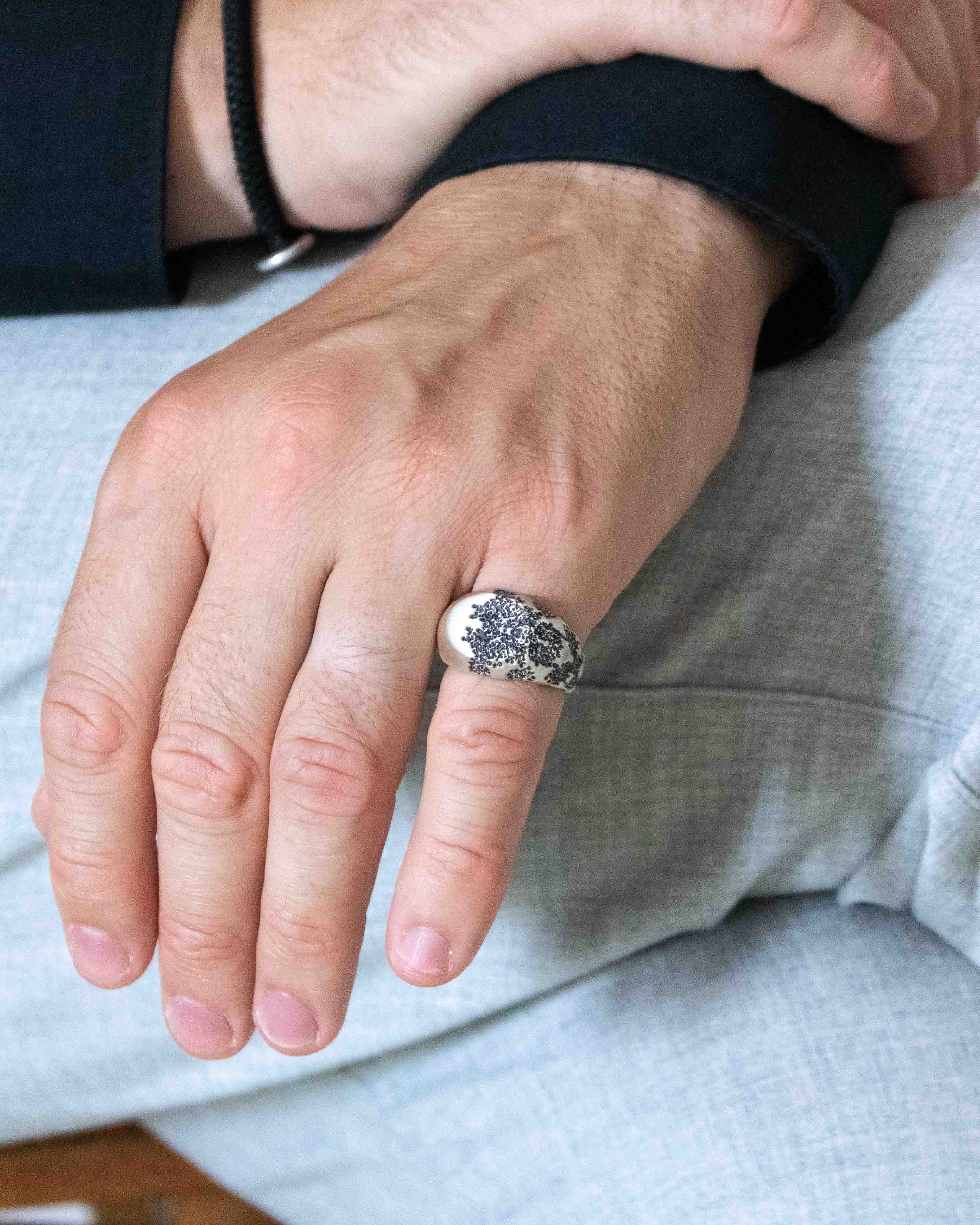 Mens Brutal Silver Signet Ring Meteor Textured Design