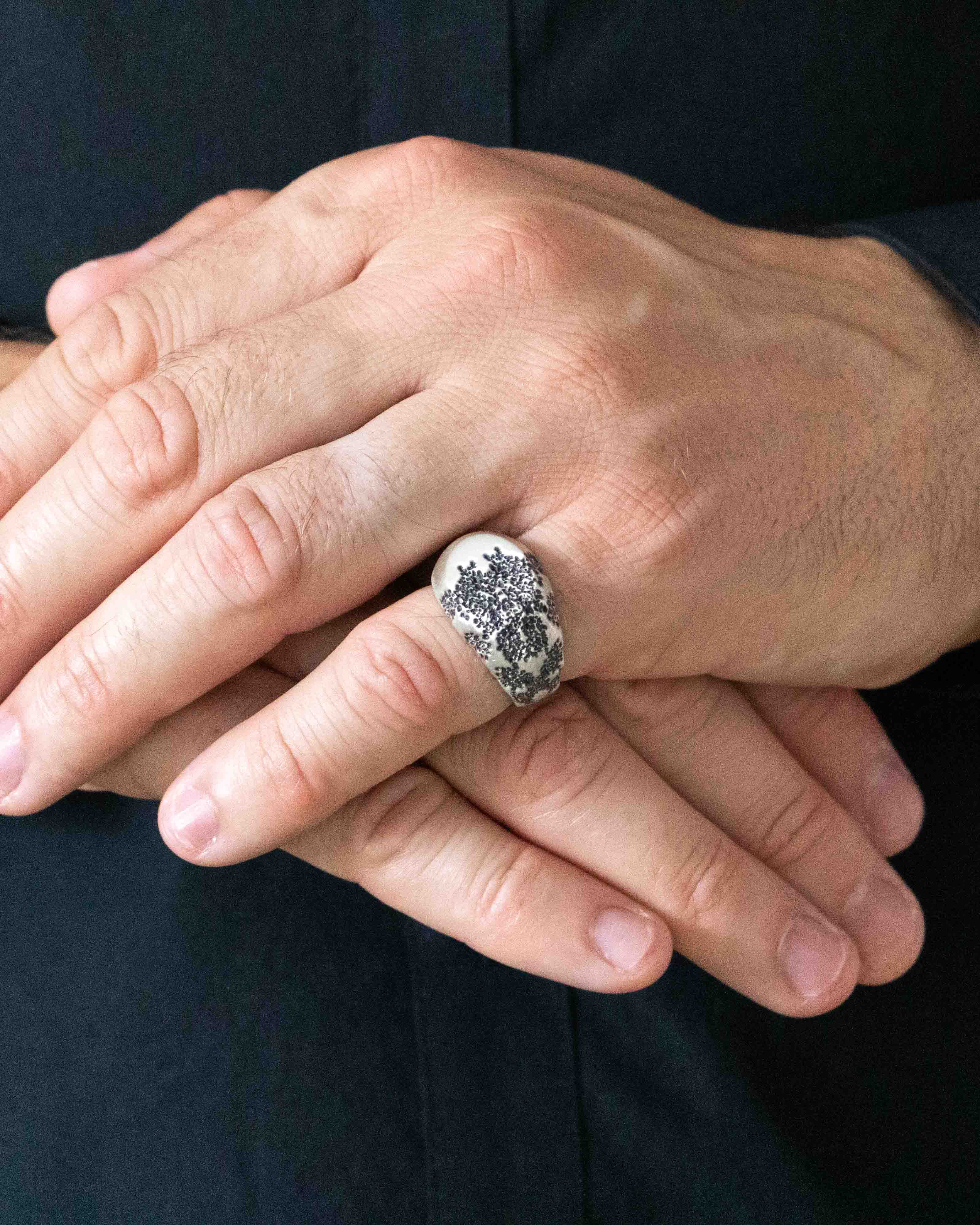 Mens Brutal Silver Signet Ring Meteor Textured Design