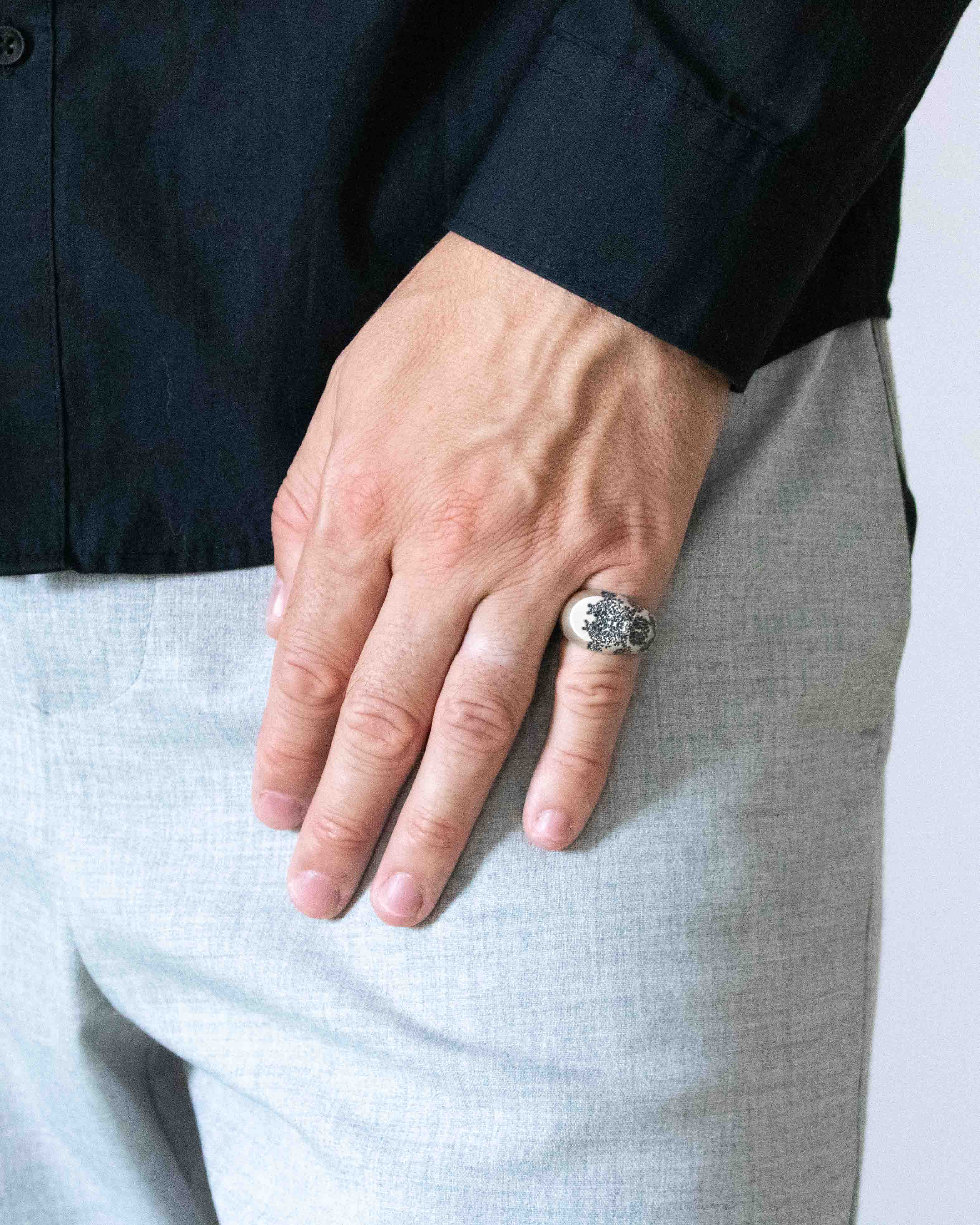 Mens Brutal Silver Signet Ring Meteor Textured Design