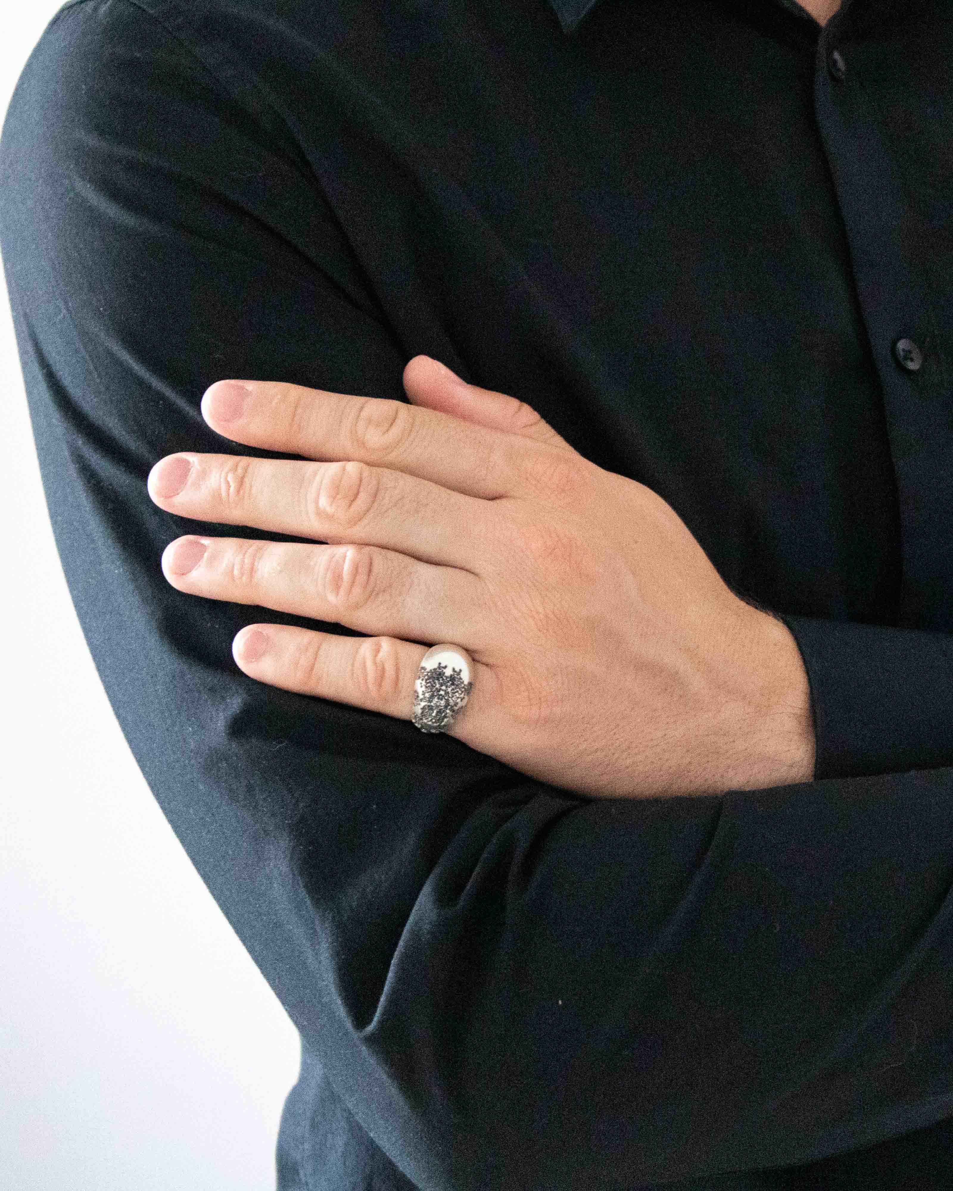 Mens Brutal Silver Signet Ring Meteor Textured Design