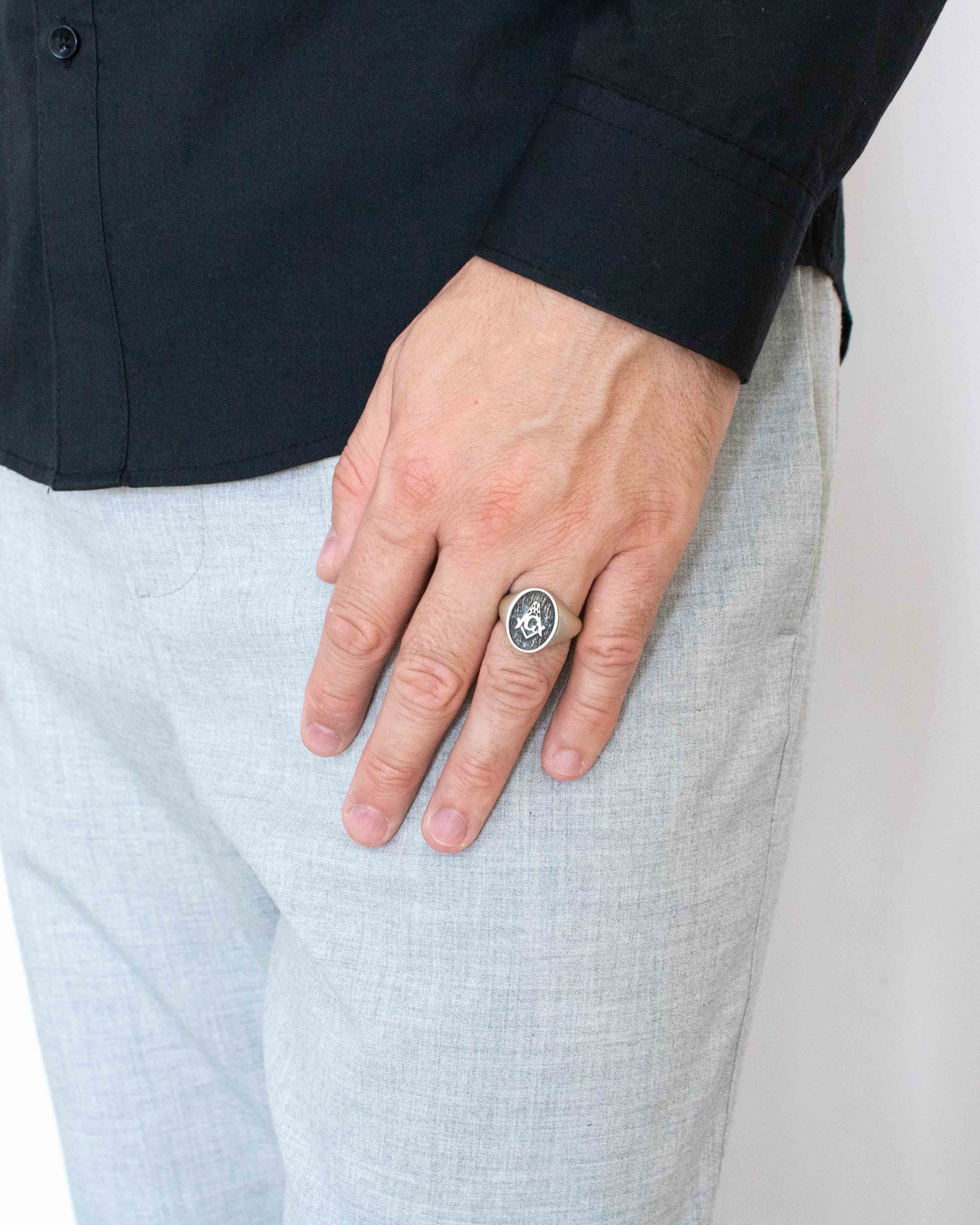 Men's Freemason Ring Oxford Oval Signet Sterling Silver