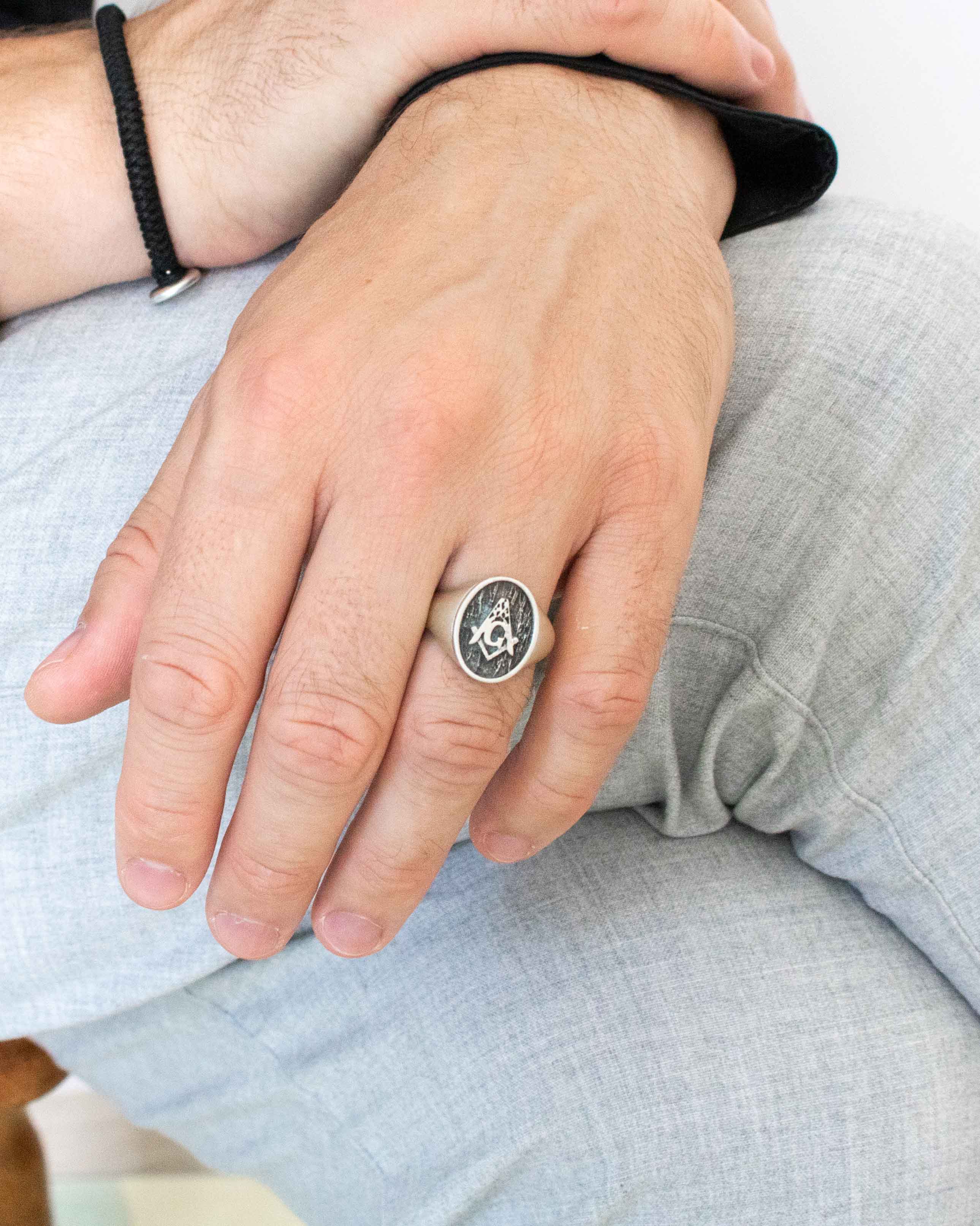 Men's Freemason Ring Oxford Oval Signet Sterling Silver