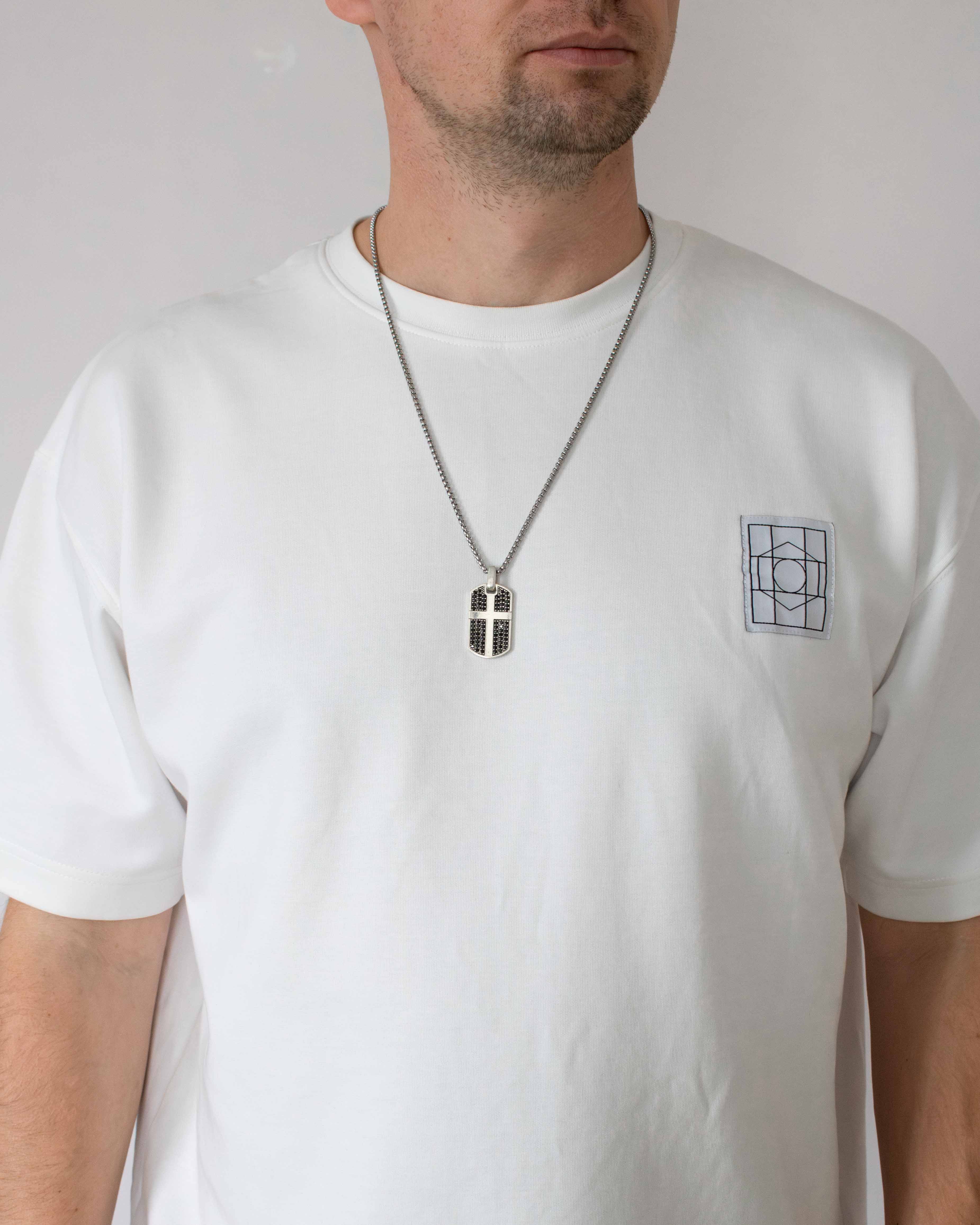 Black Diamond Cross Pendant Necklace Silver Dog Tag
