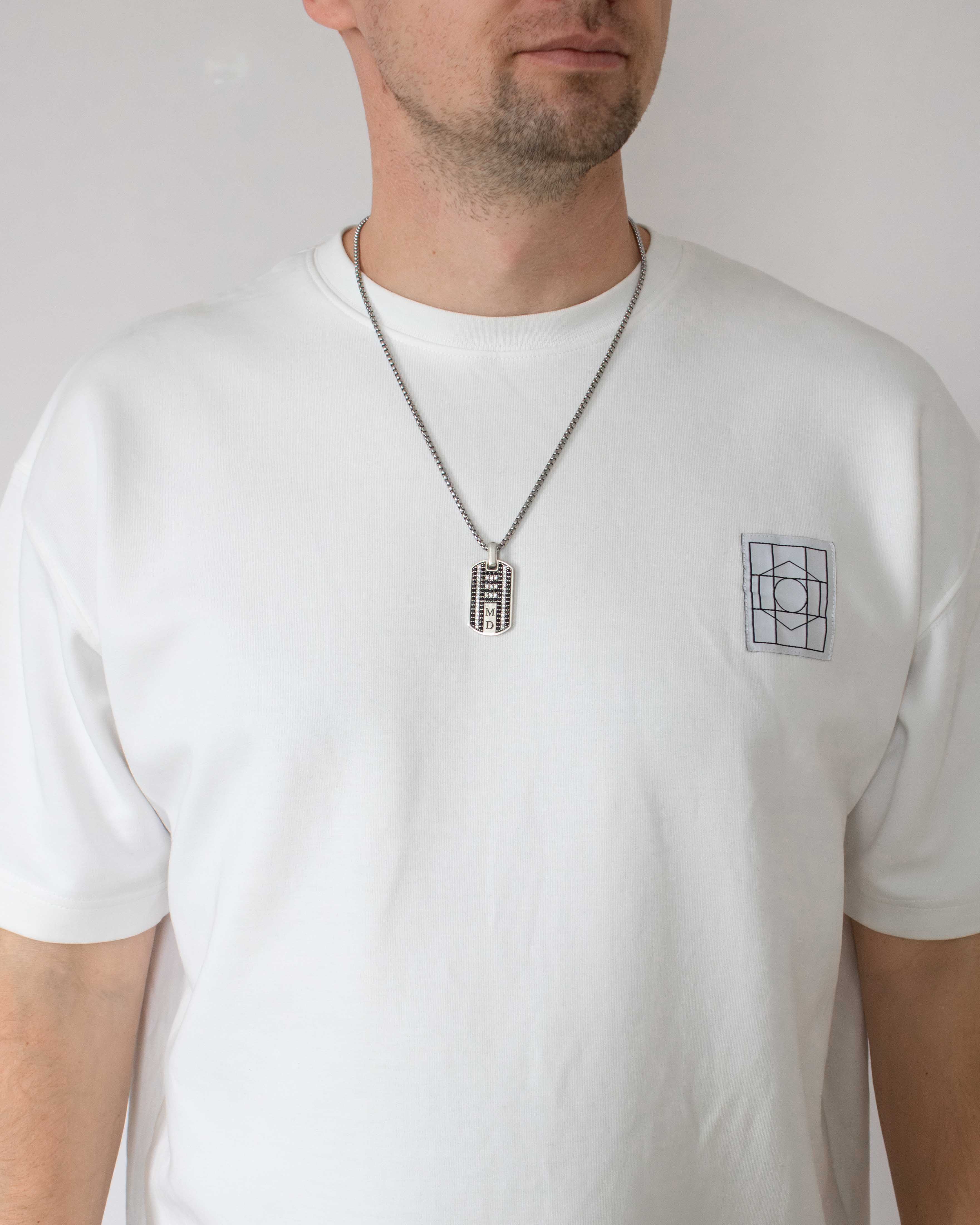 Black & White Gemstone Two Initials Mens Pendant Silver