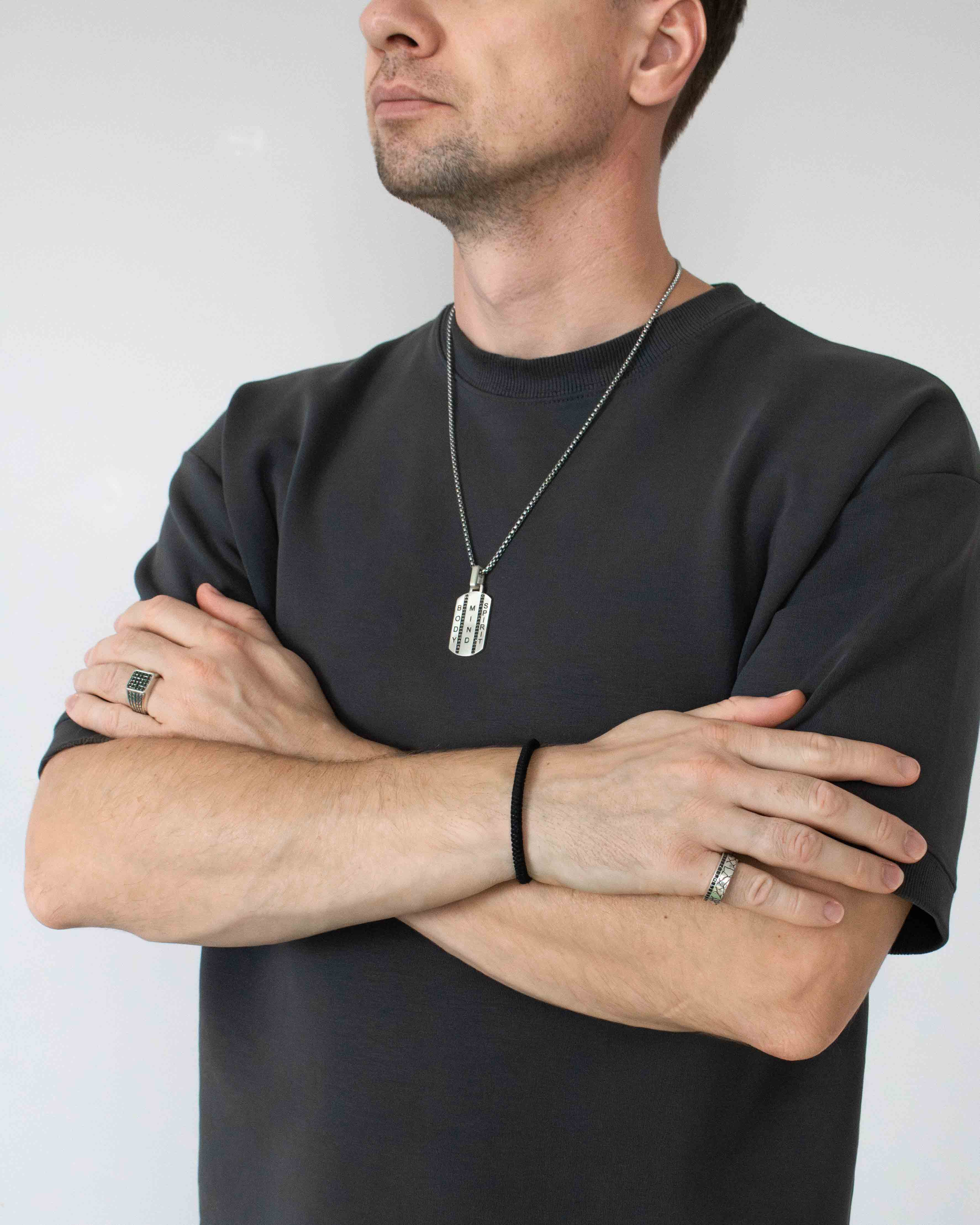 Mens Silver Pendant with Black Stones Mind Body Spirit