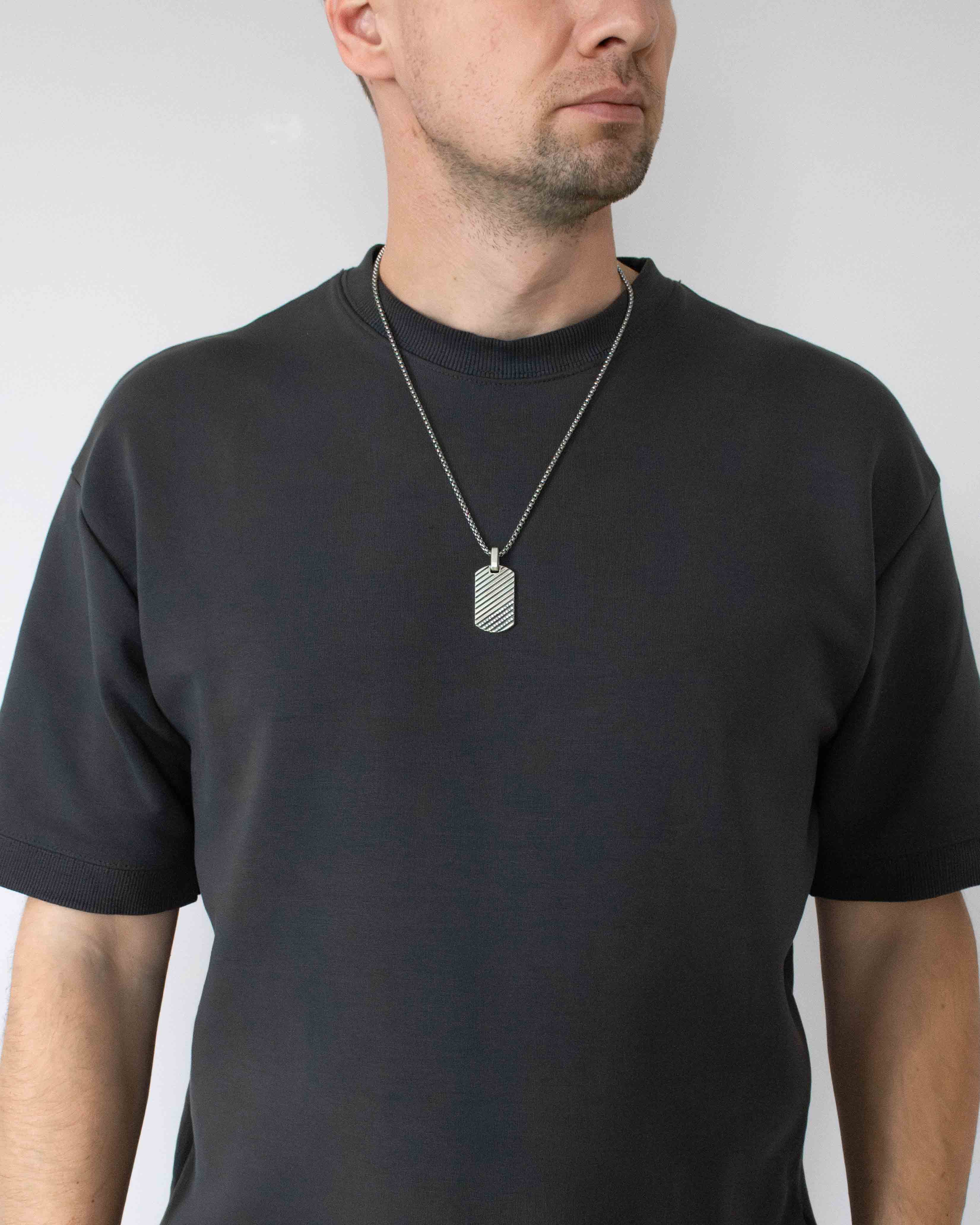 Unique Striped Silver Dog Tag Pendant with Diamonds CZ