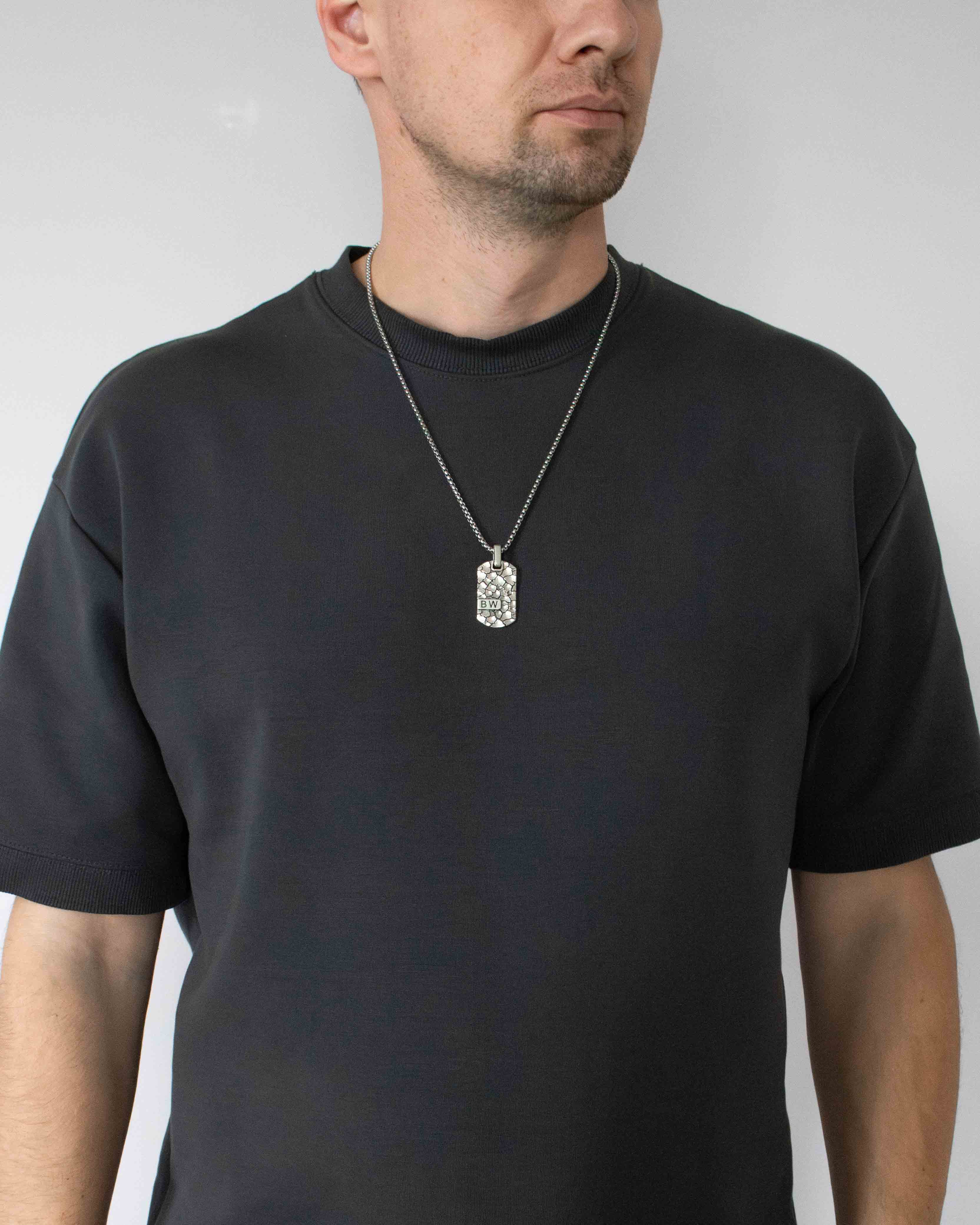Brutal Tag Pendant with Letters Silver Cracked Relief