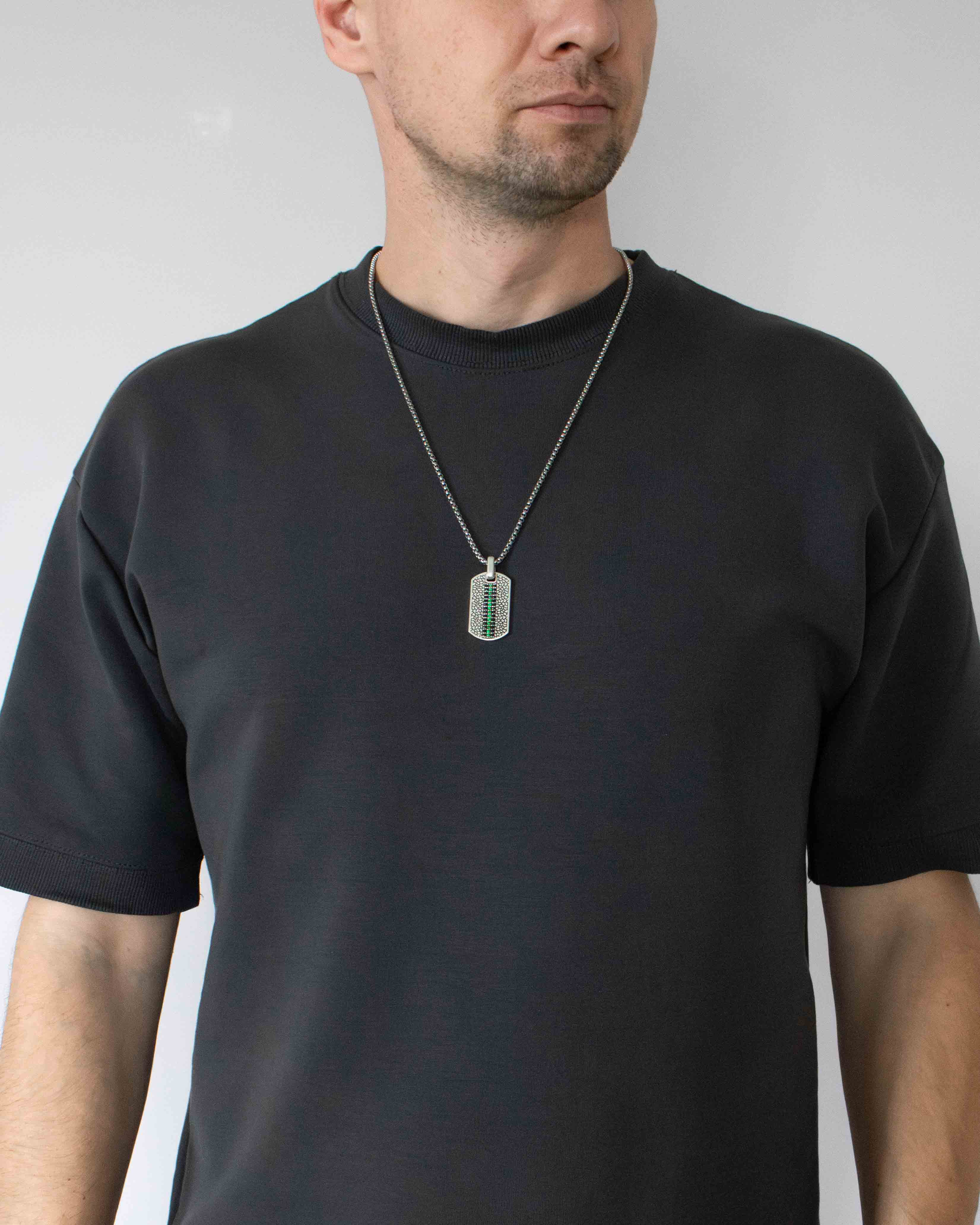 Masculine Tag Pendant with Black Diamond and Emerald CZ