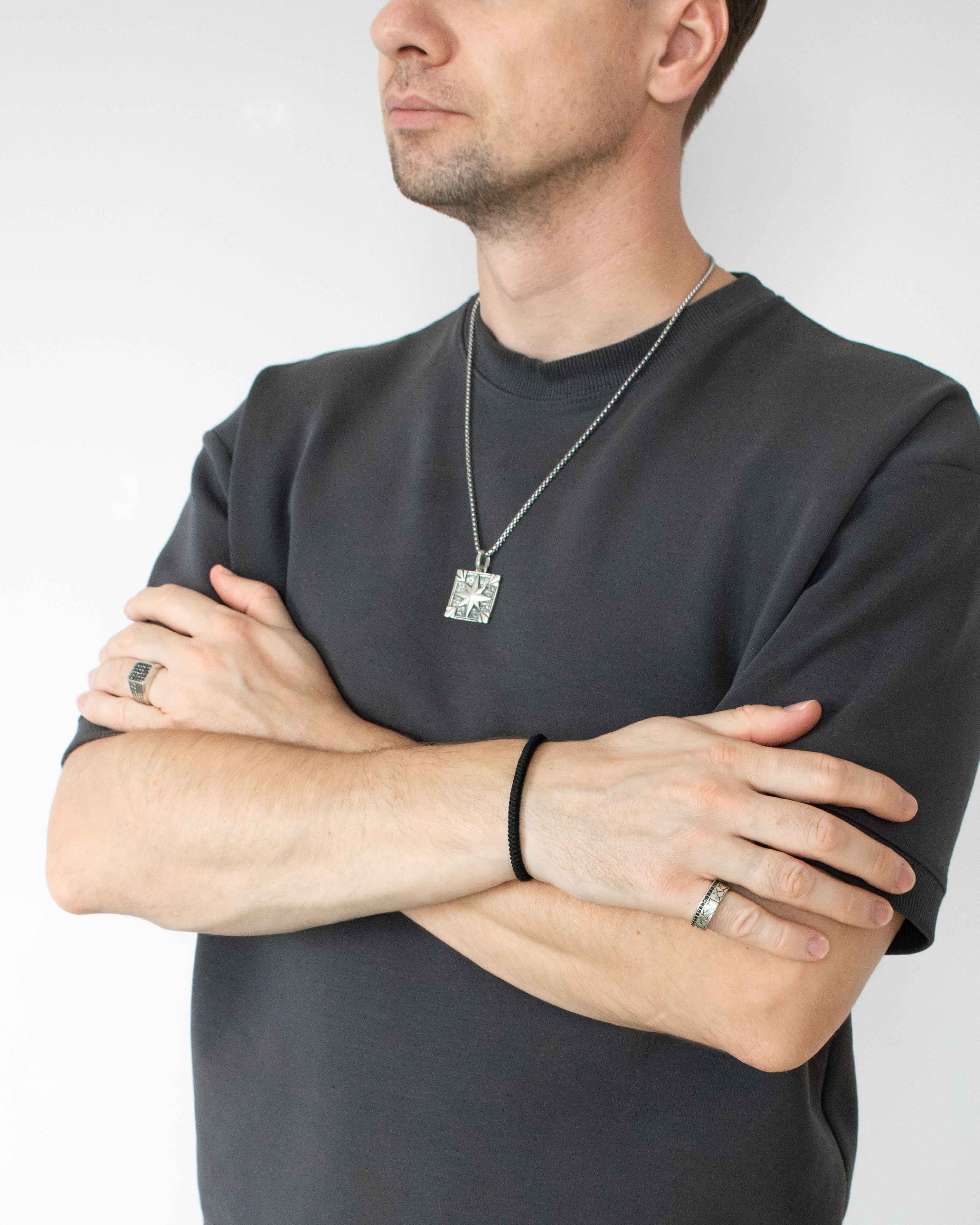 Mens North Star Square Tag Pendant Vintage Style Silver