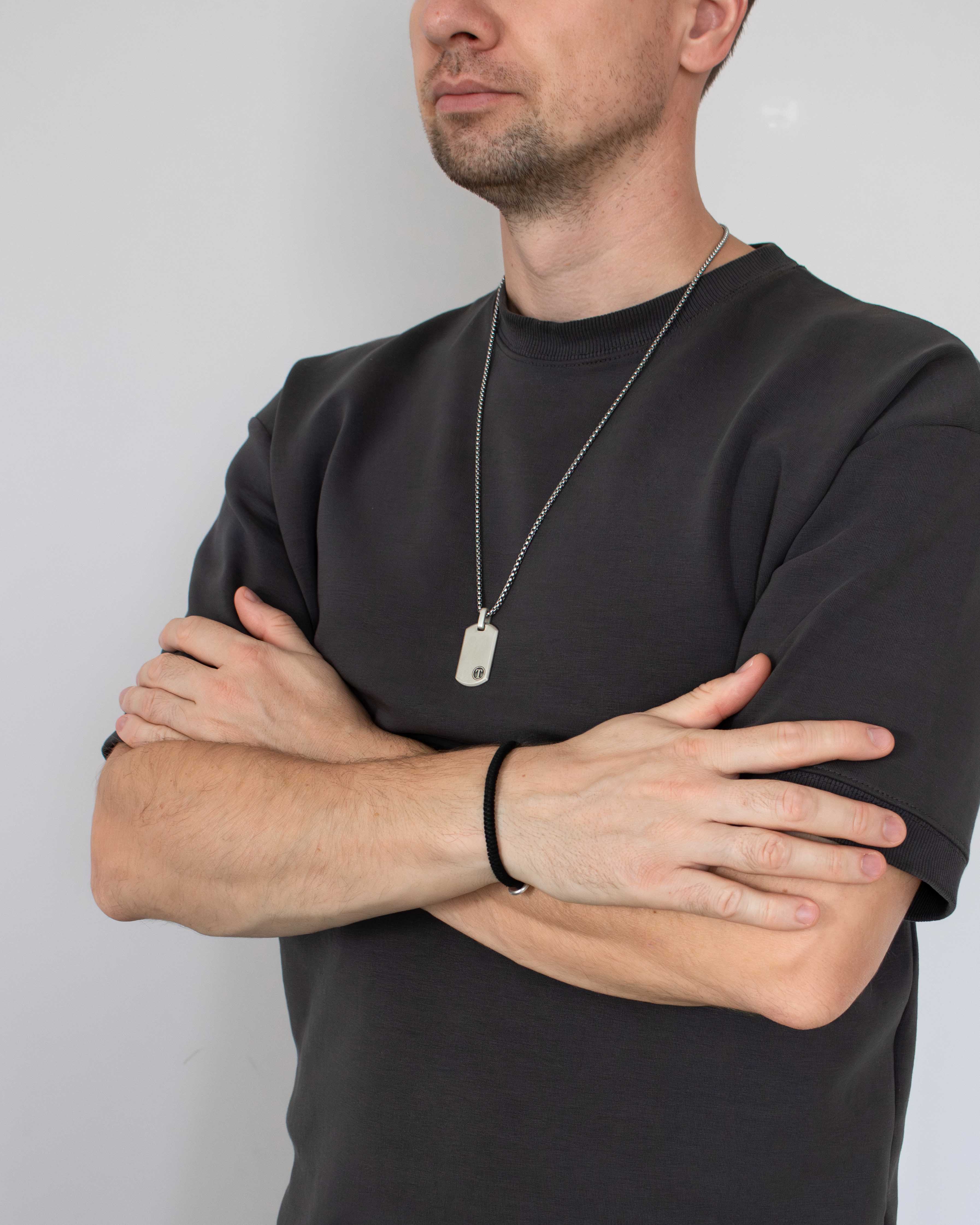 Mens Letter Dog Tag Pendant Minimalist Polished Silver