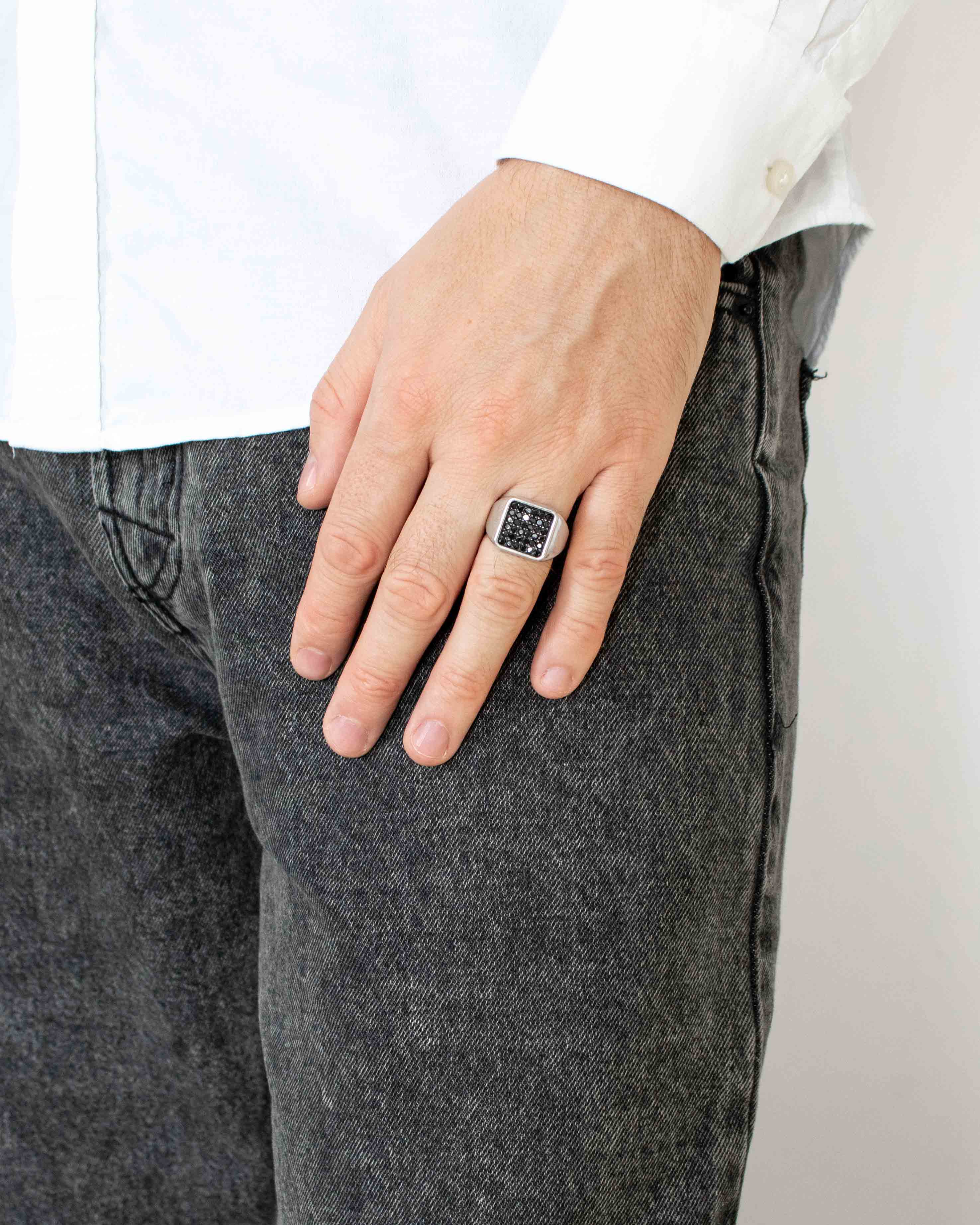 Minimalist Silver Signet Ring Black Stones Soft Square