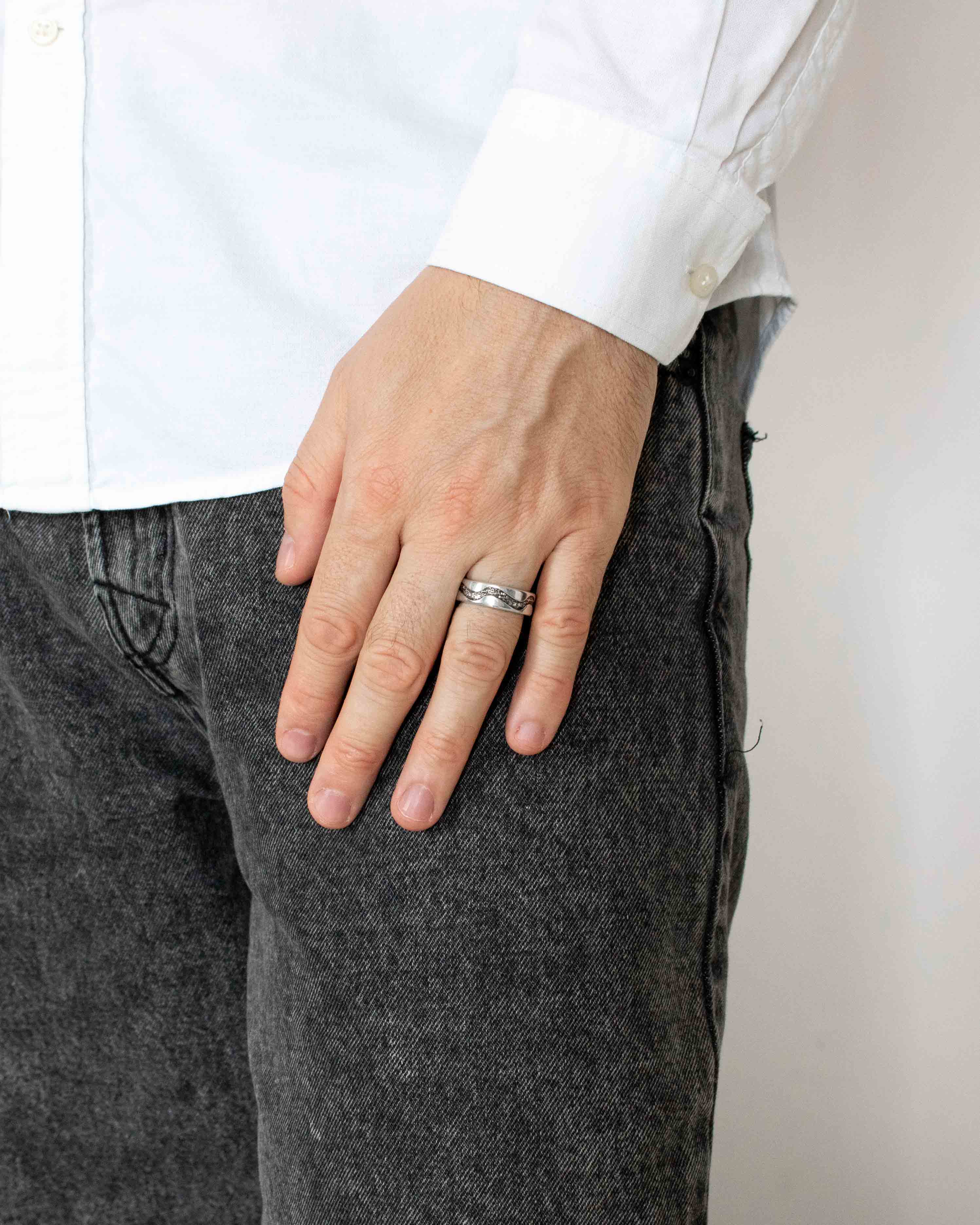 Engraved Wave Ring Band Silver Hammered and Polished