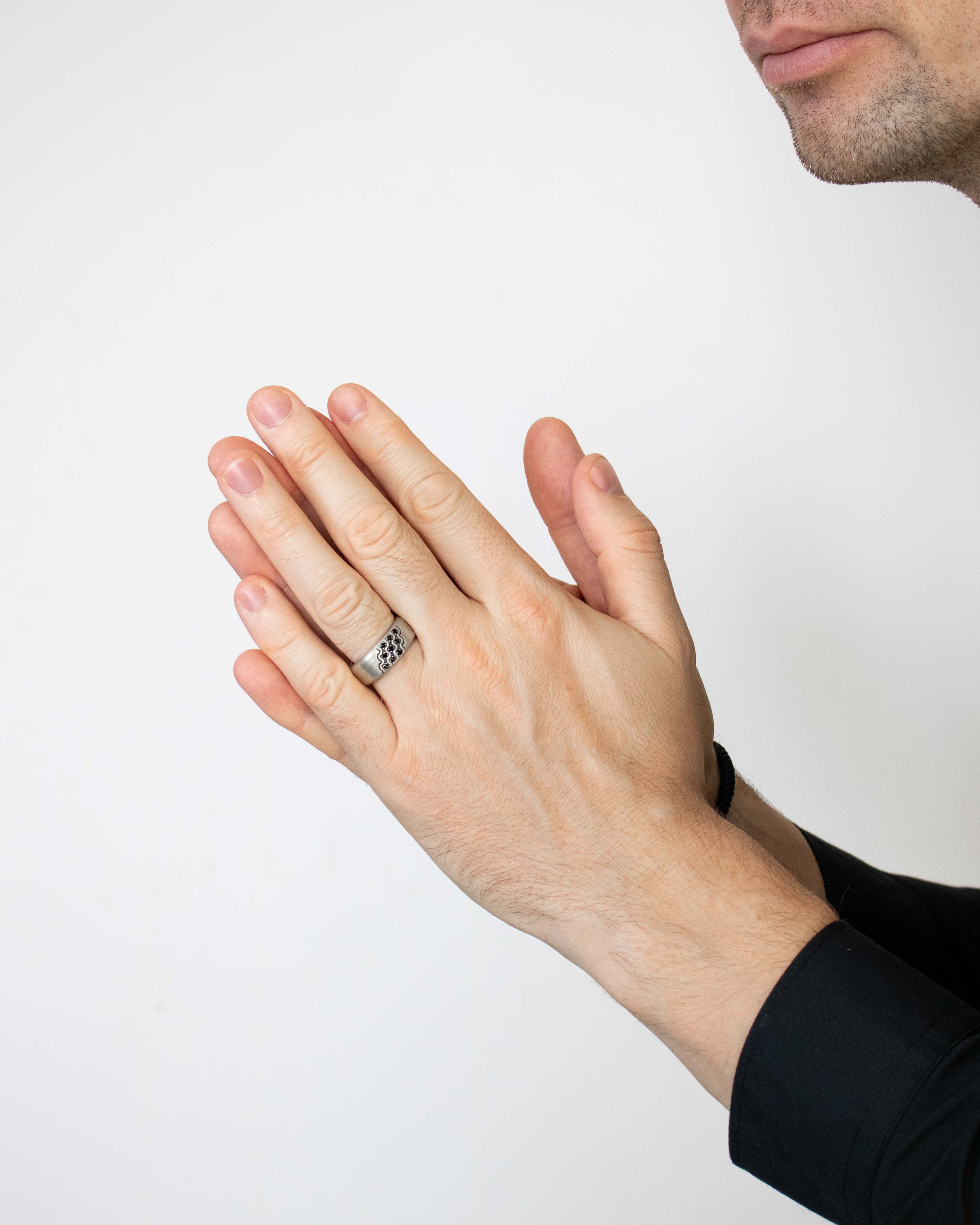 Large Silver Band Ring Black Stones Futuristic Design