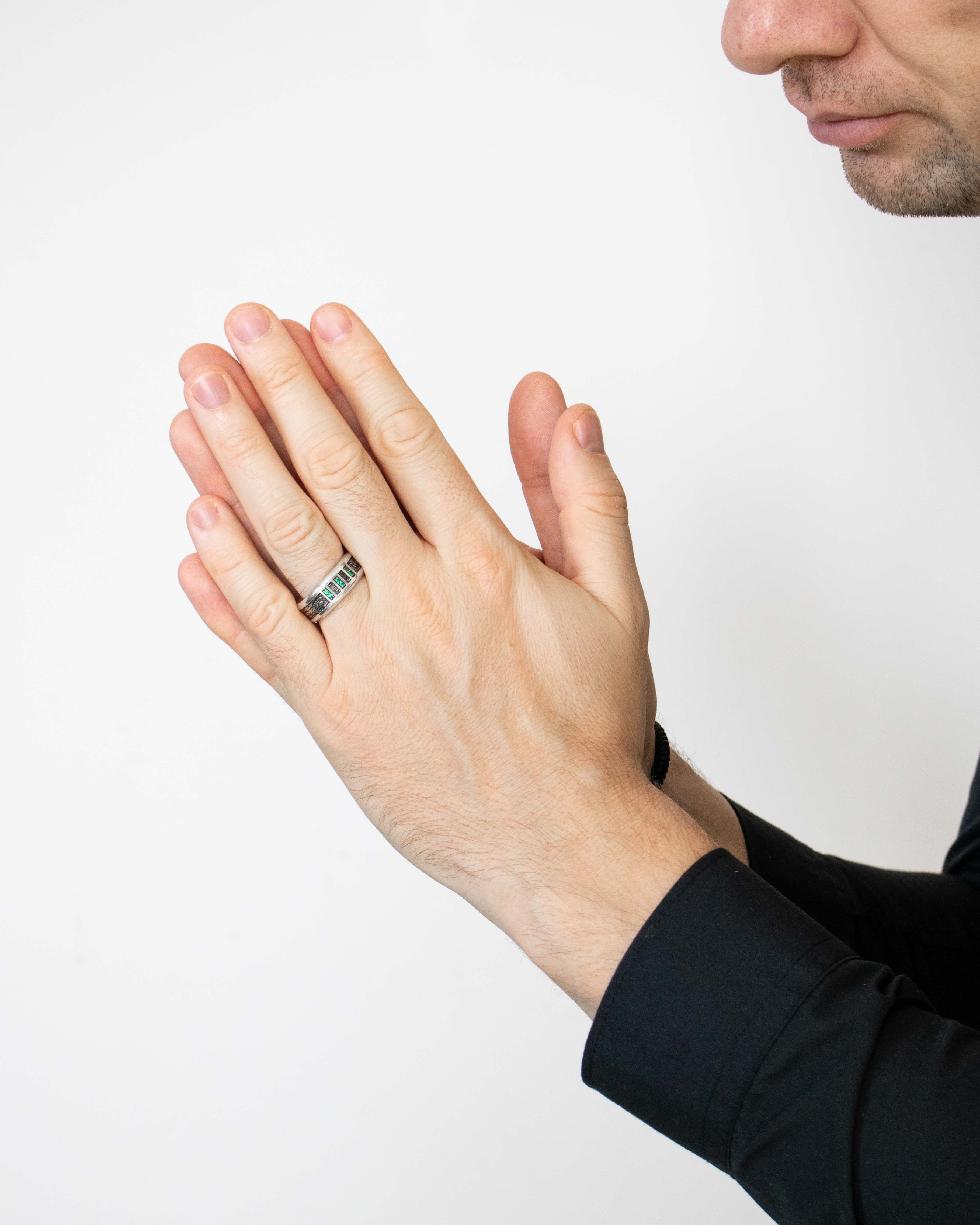 Mens Hammered Sterling Silver Ring with Emeralds CZ