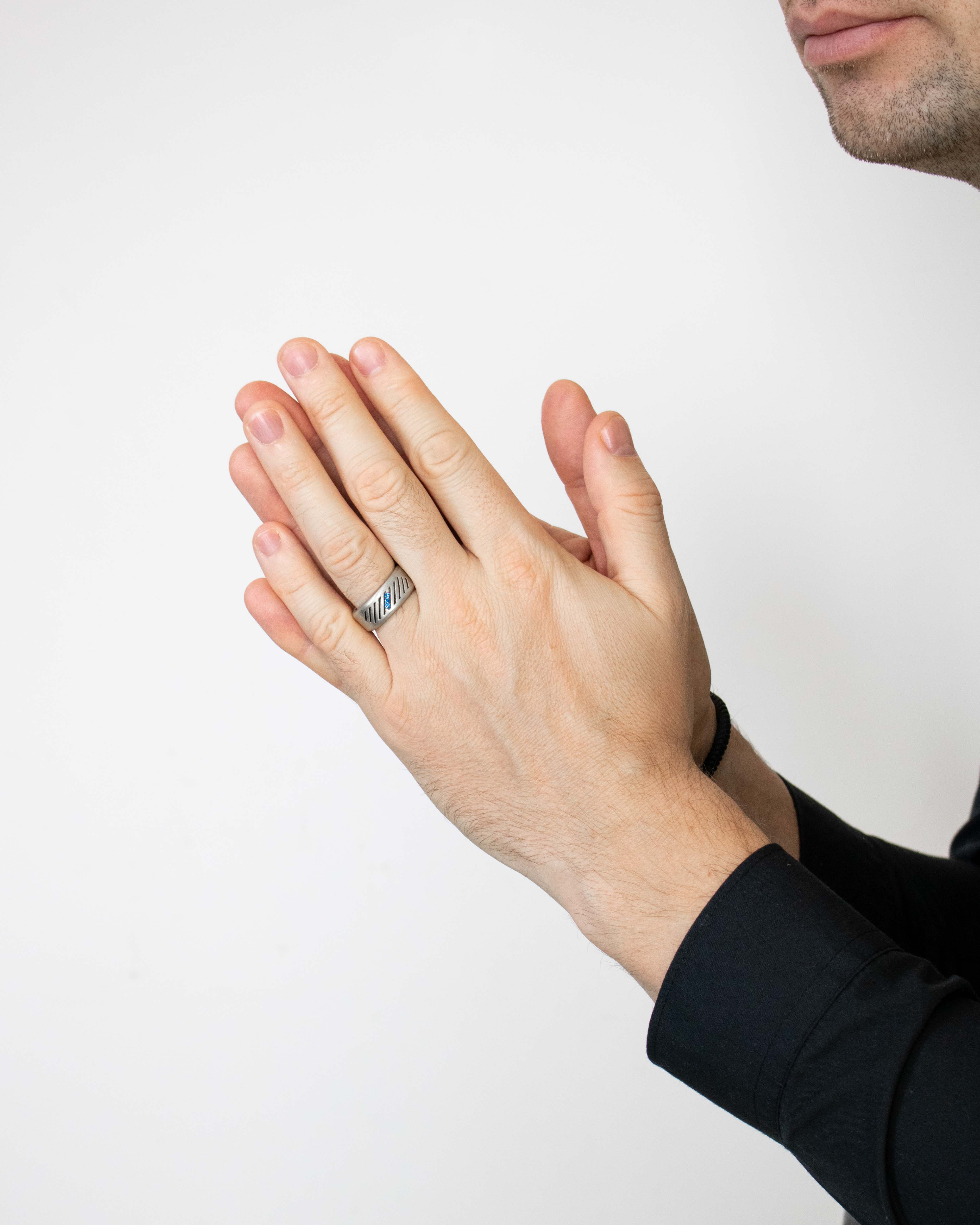 Domed Matte Silver Wedding Band Ring with Blue Stones