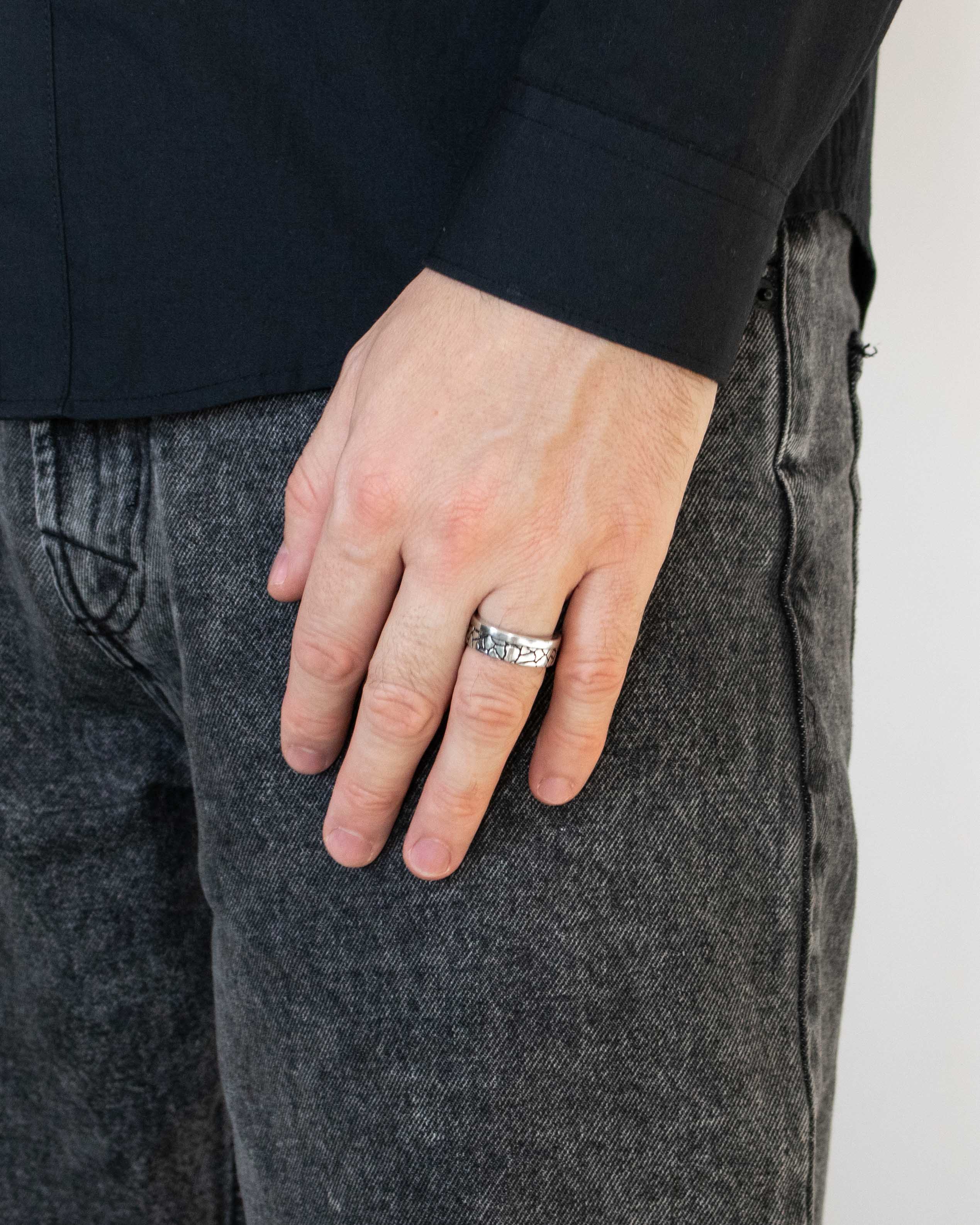 Earthy Wedding Ring for Men Silver Cracked Texture