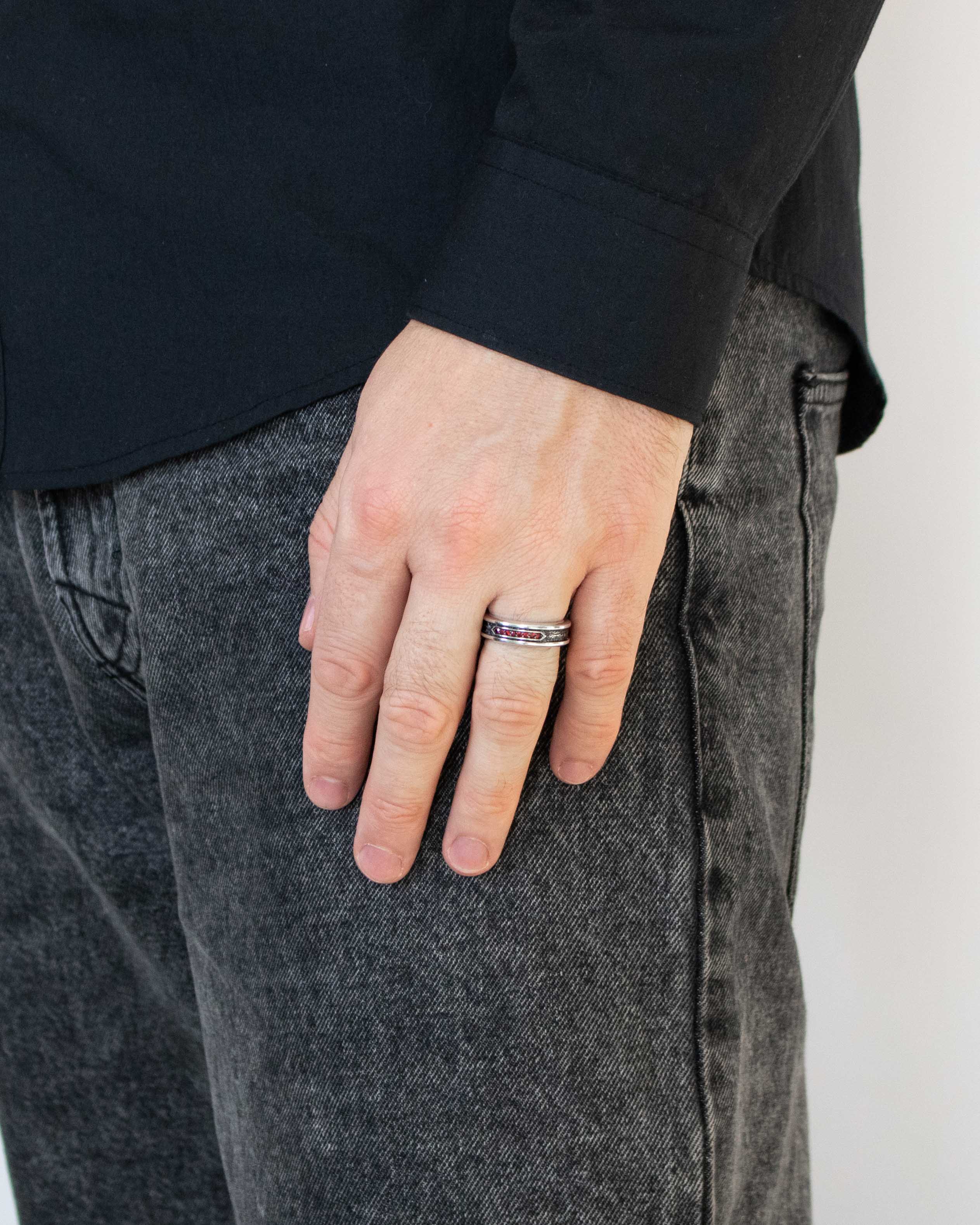 Mens Hammered Silver Engagement Ring Red Stones CZ