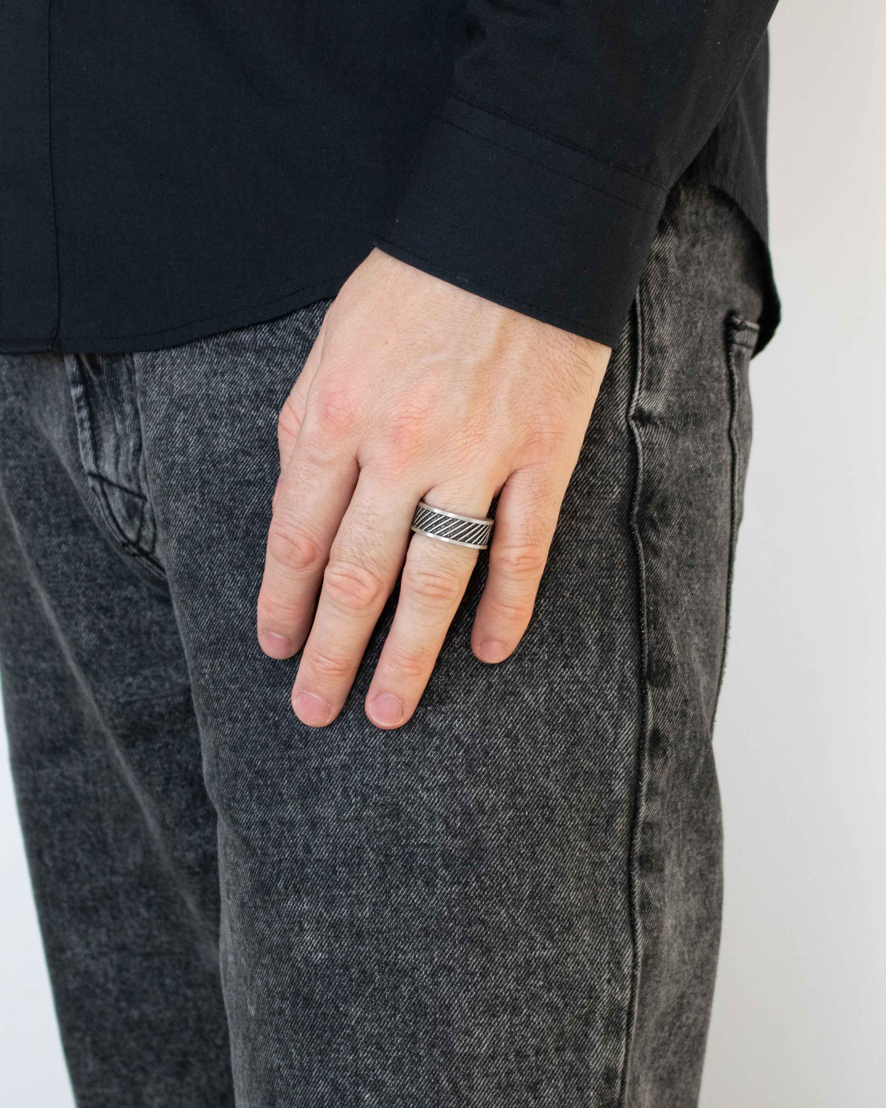 Sculped Oxidized Silver Band with Diagonal Pattern