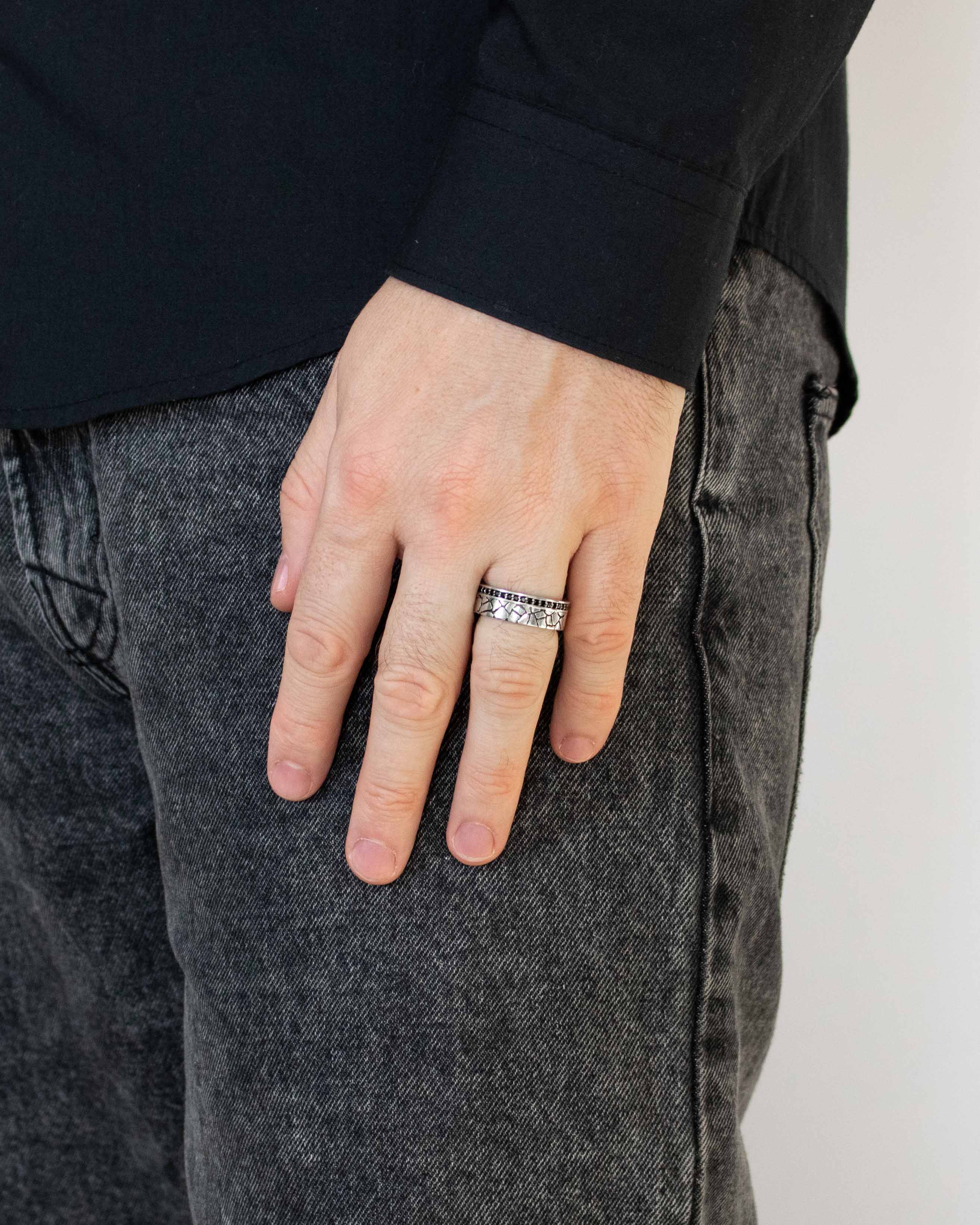 Earthy Wedding Band for Men Solid Silver Black Stones