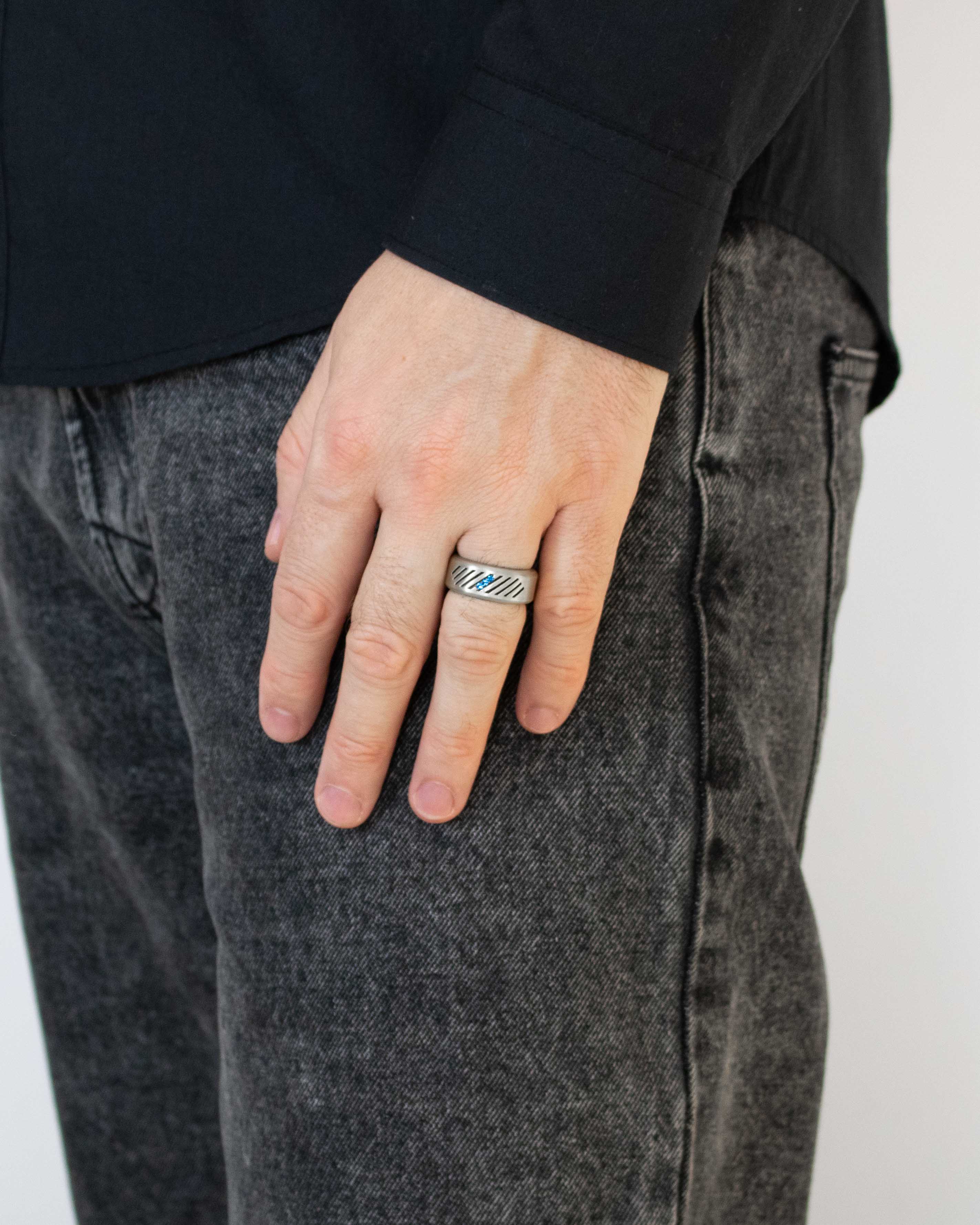 Domed Matte Silver Wedding Band Ring with Blue Stones