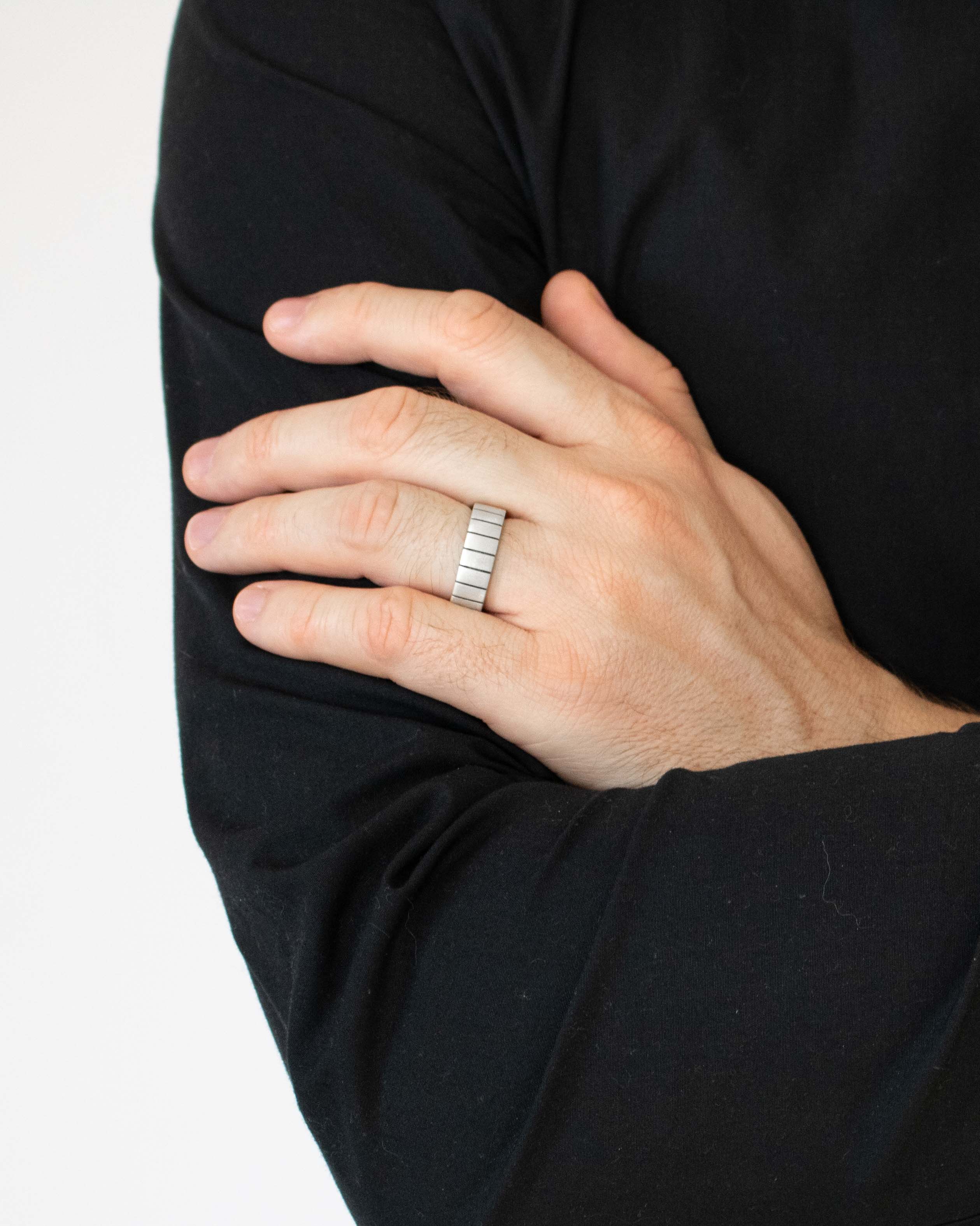 Matte Silver Wedding Band with Horizontal Stripes