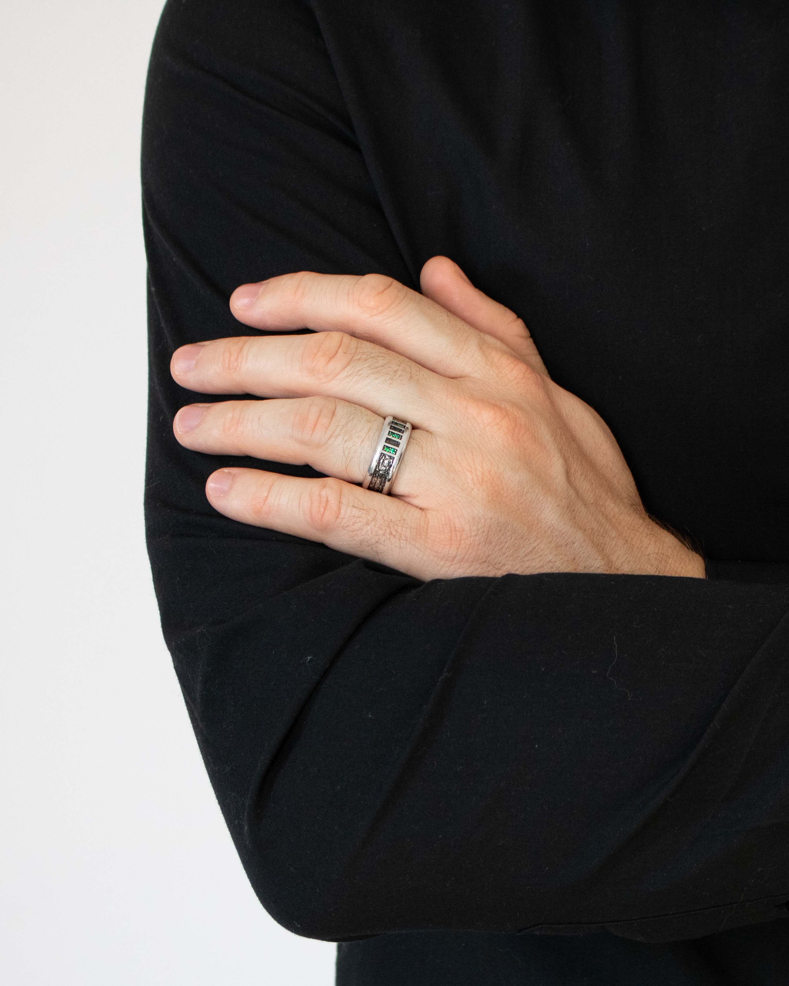 Mens Hammered Sterling Silver Ring with Emeralds CZ