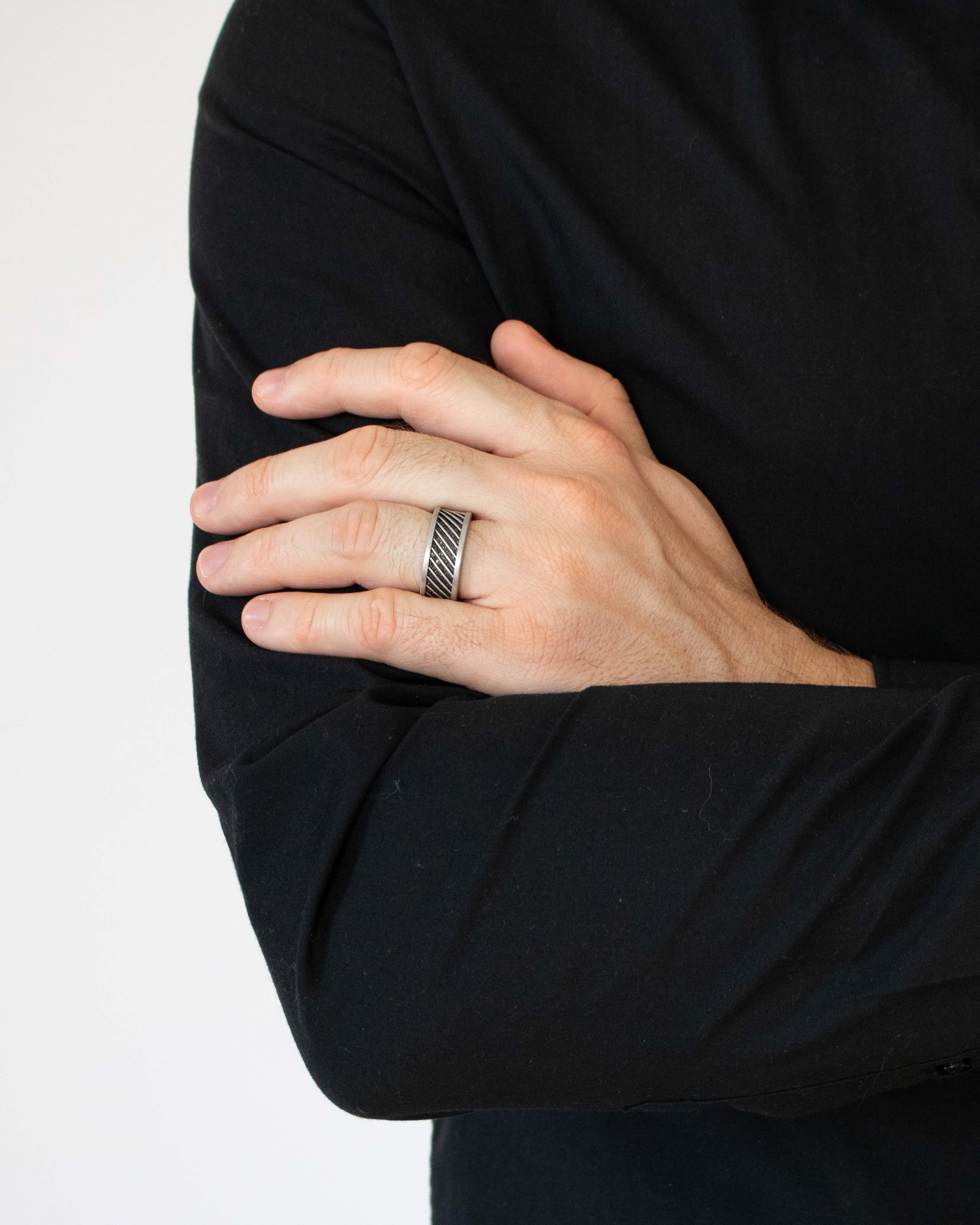 Sculped Oxidized Silver Band with Diagonal Pattern