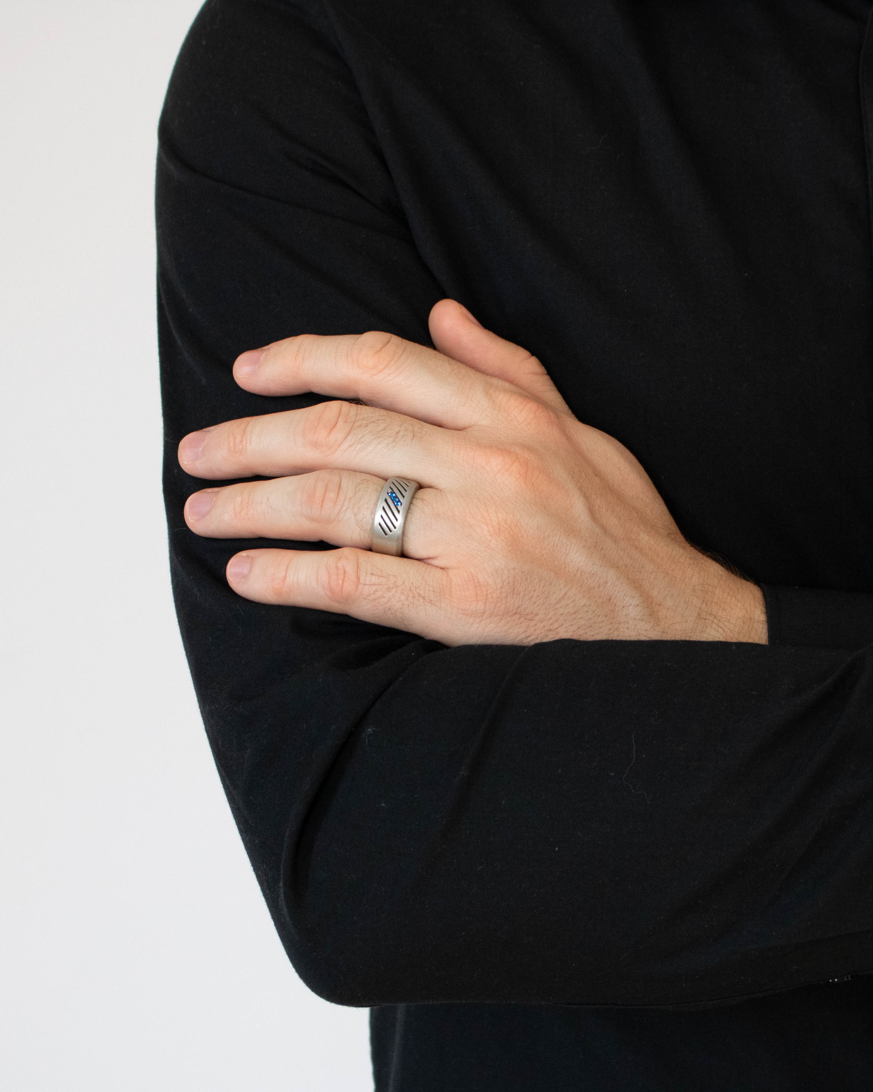 Domed Matte Silver Wedding Band Ring with Blue Stones