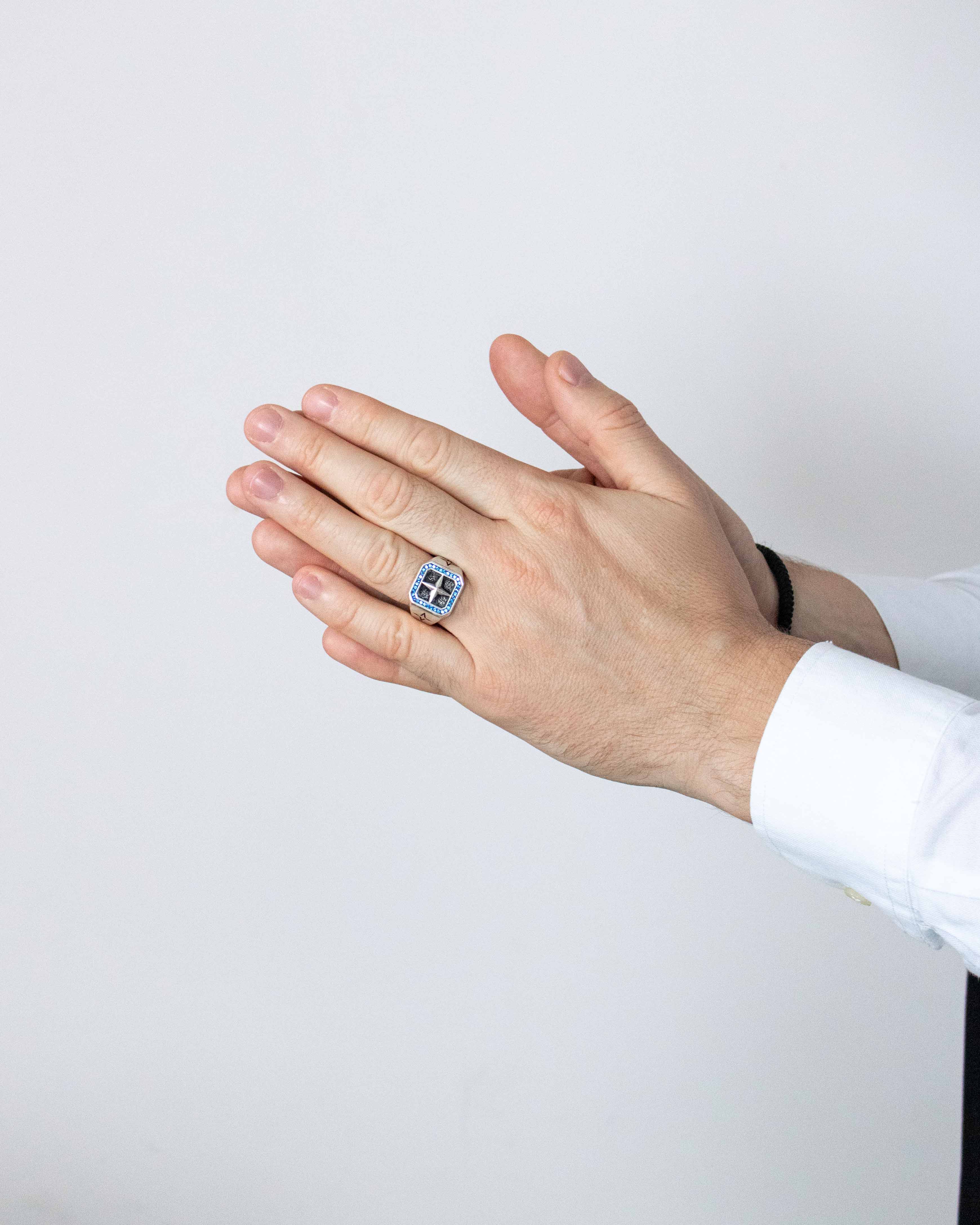 Guiding Star Signet Ring Oxidized Top and Sapphires CZ