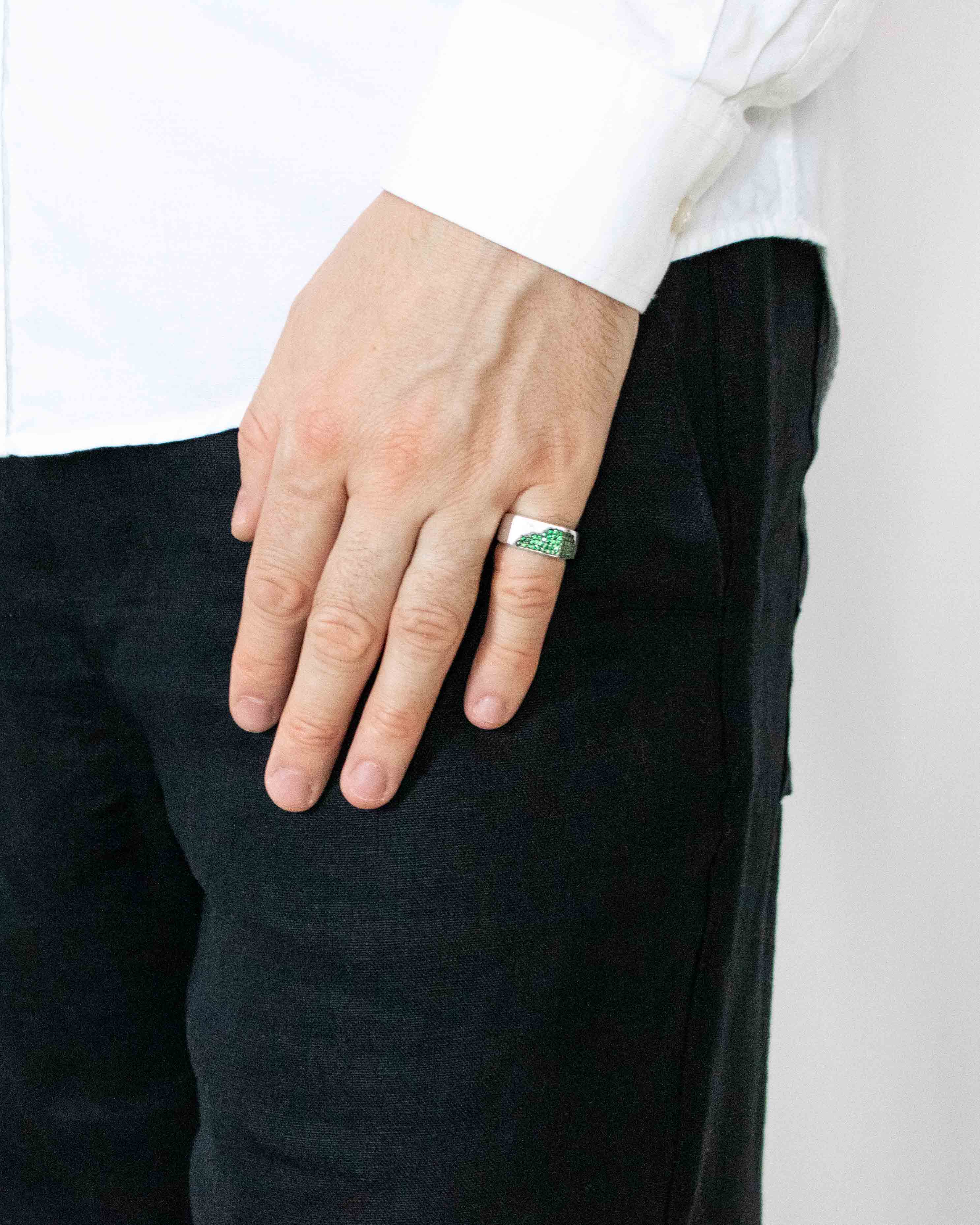 Flat Silver Signet Ring with Curved Emeralds CZ Inset