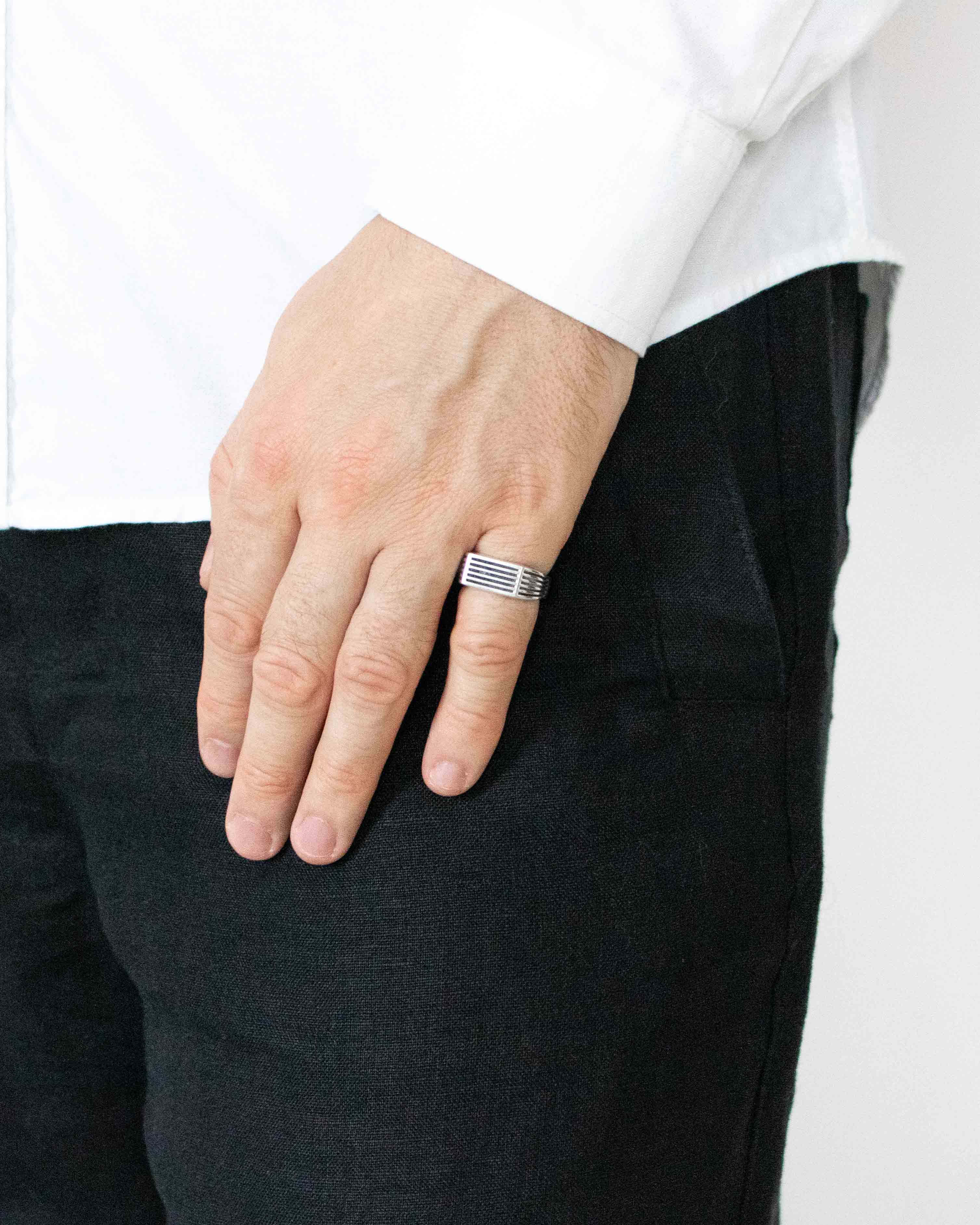 Rectangle Silver Signet Ring with Rough Oxidized Grooves