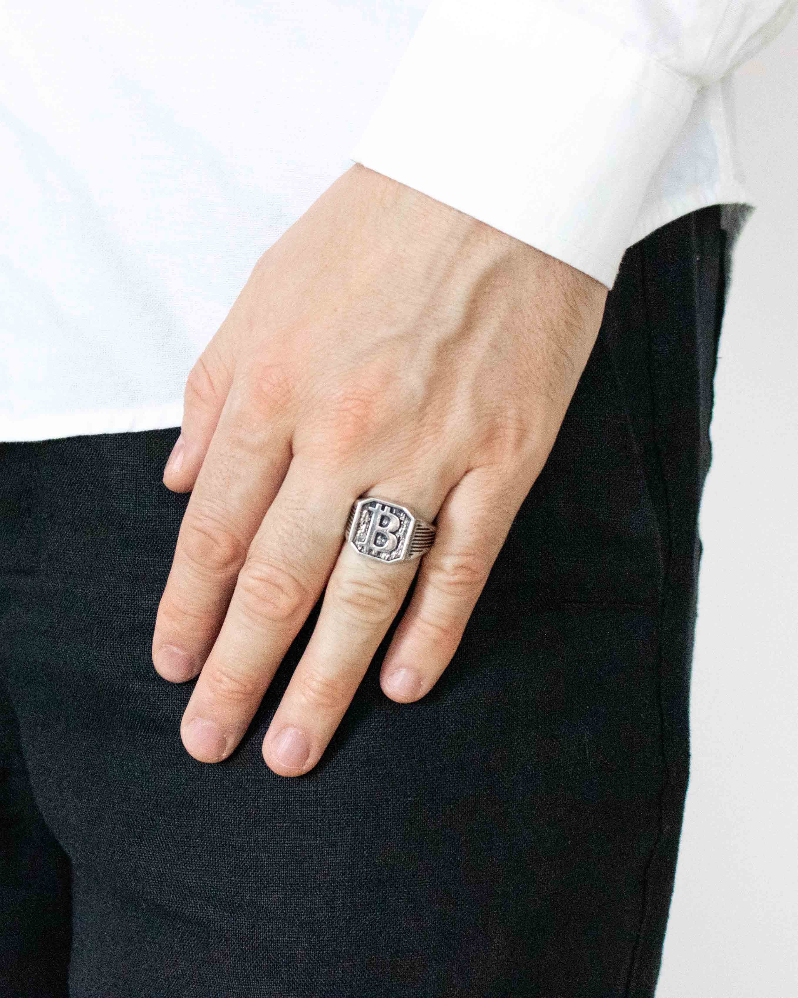 Engraved Bitcoin Ring Silver Signet Crypto Lover Gift