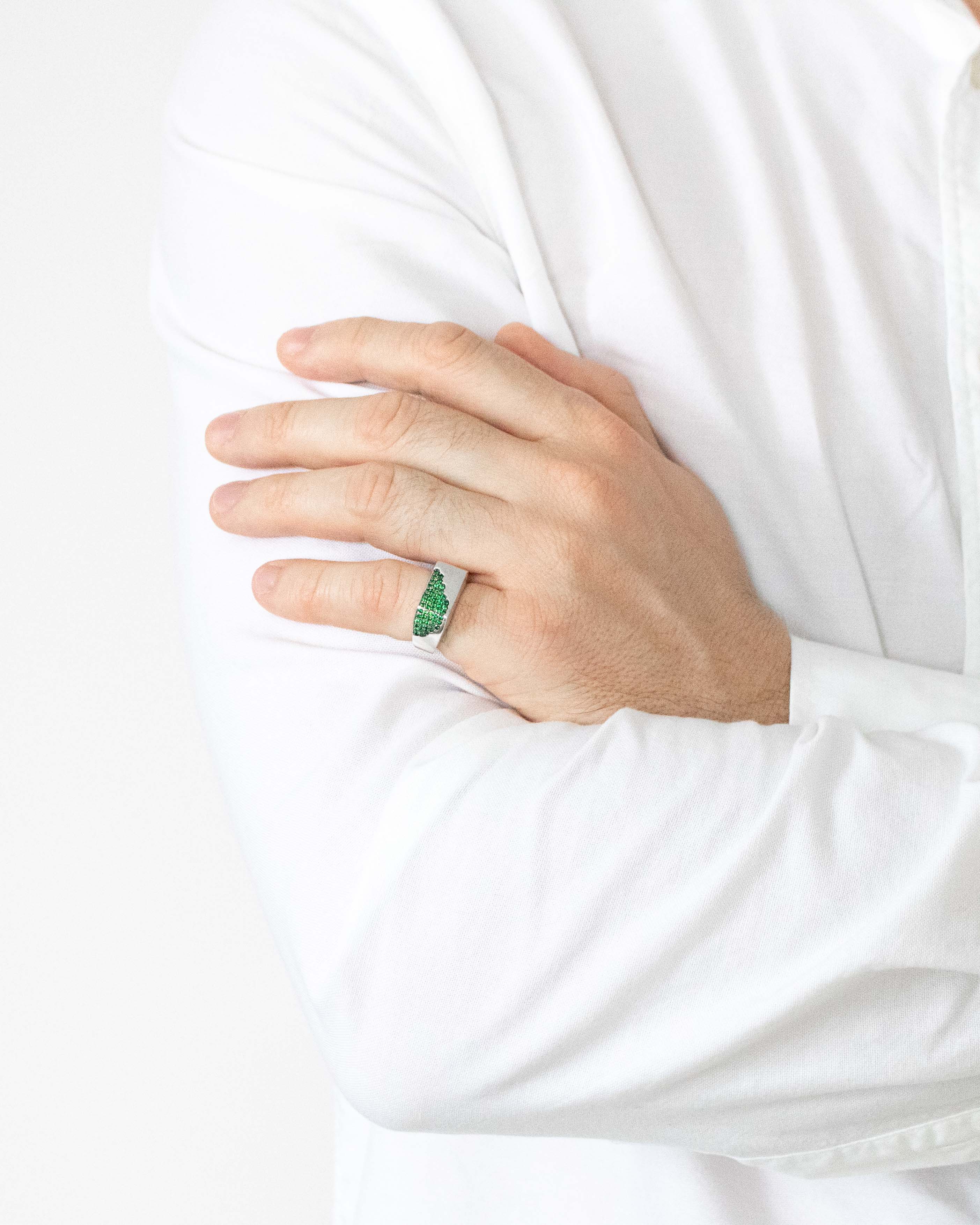 Flat Silver Signet Ring with Curved Emeralds CZ Inset