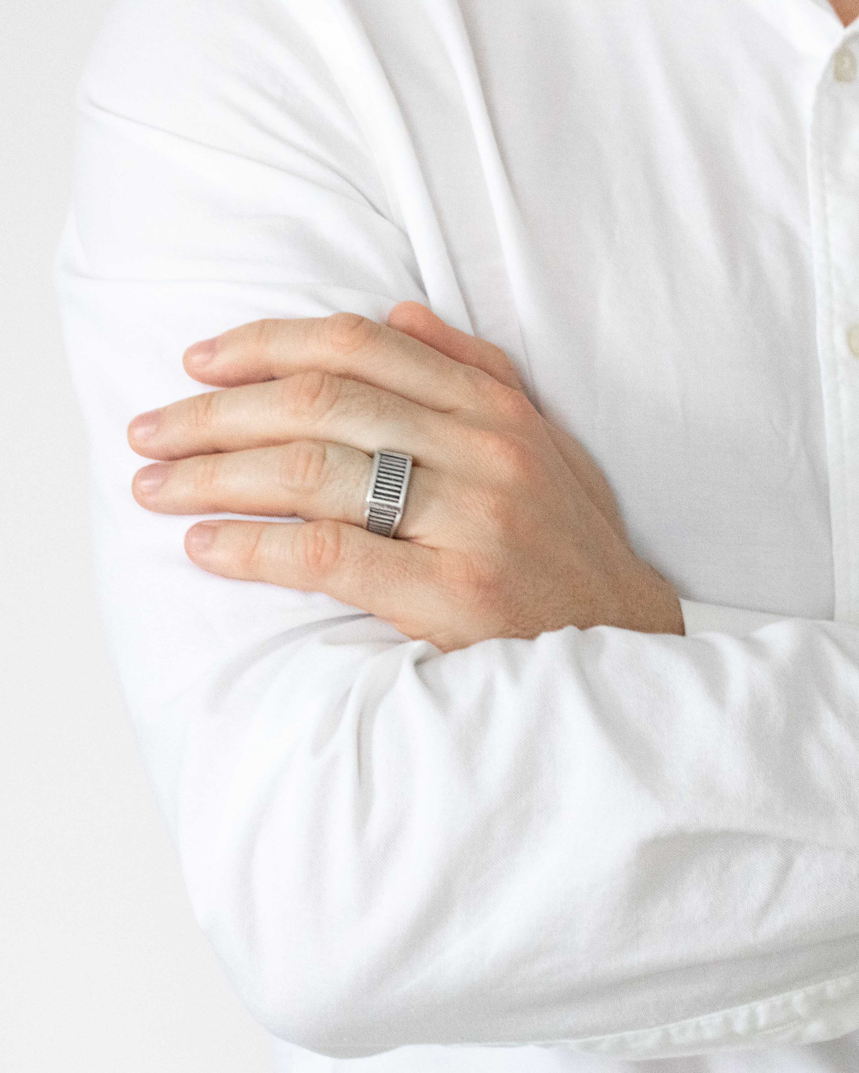 Art Deco Silver Signet Ring Channeled Industrial Texture